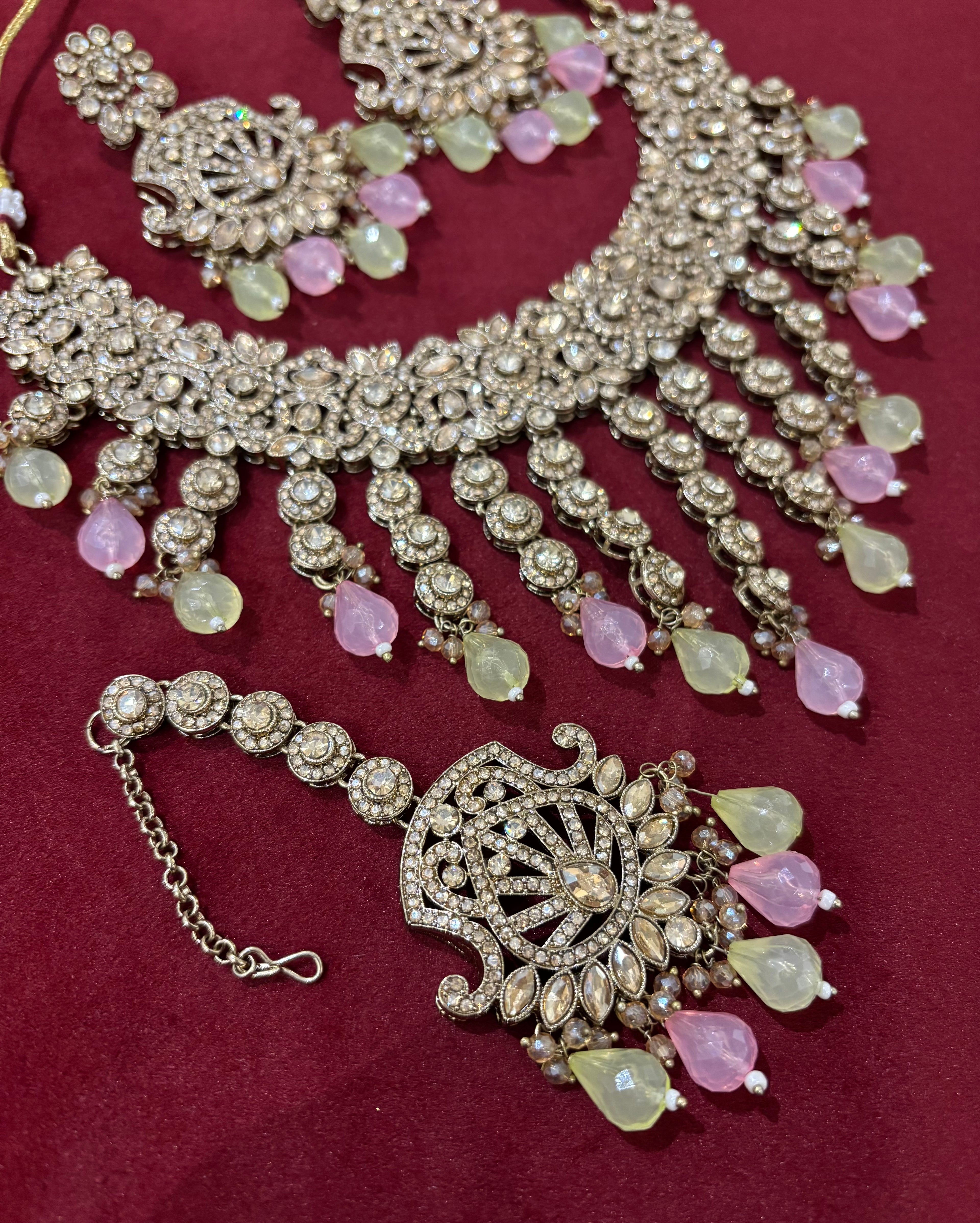 High Quality Designer Pink & Mint Mix Layer Necklace With Mang Tikka & Earrings