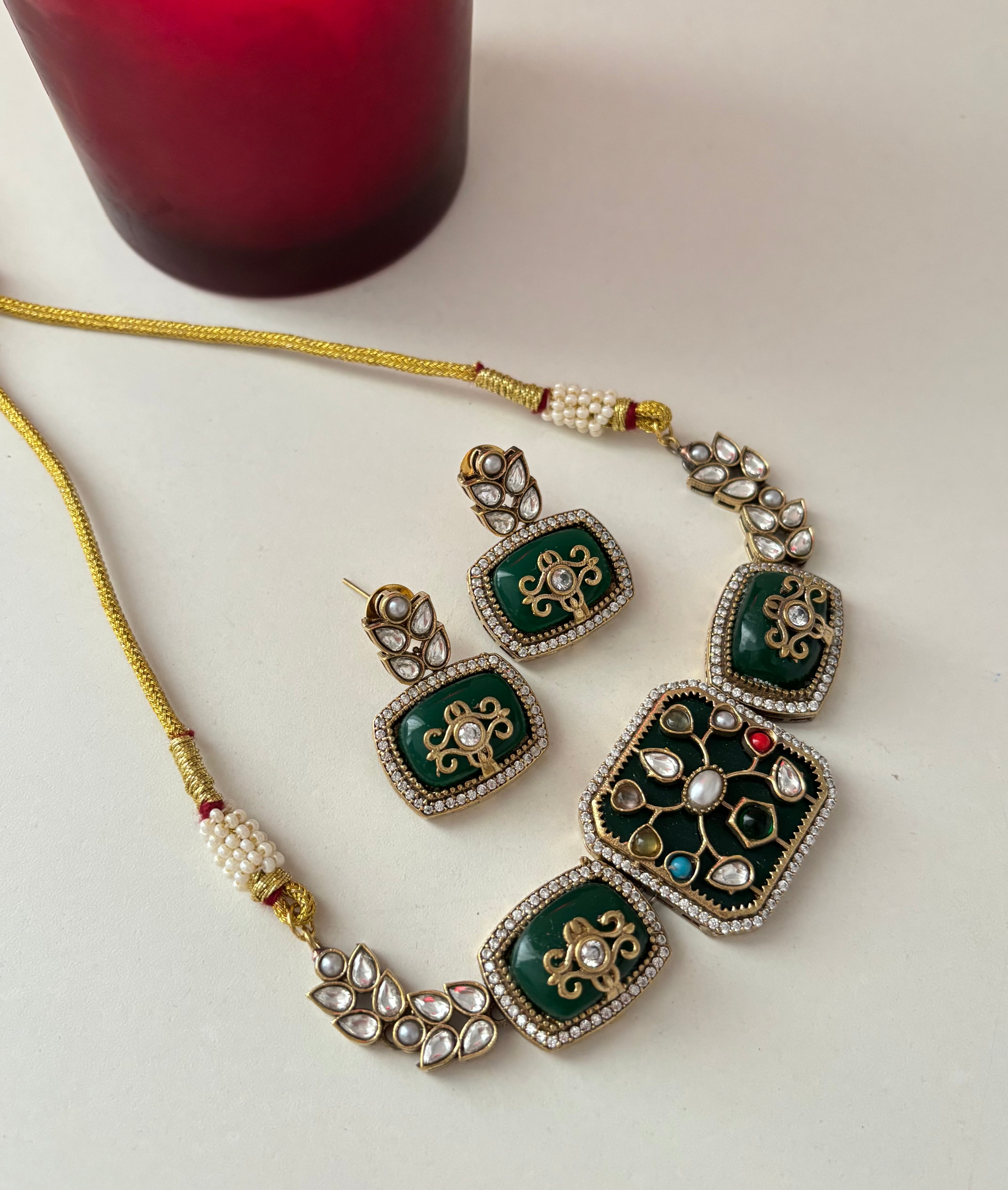 Ruhi Premium Moissanite Stone Work Choker Set With Earrings (Bottle Green)
