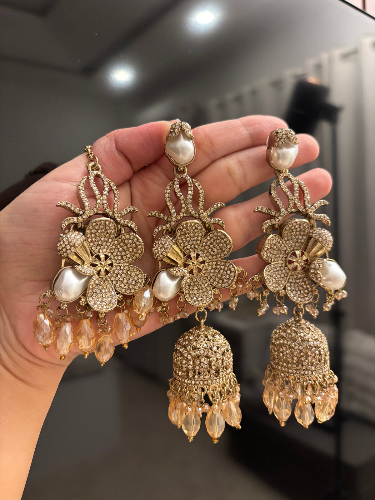 Premium Designer Turkish Long Earrings With Mang Tikka (Champagne)