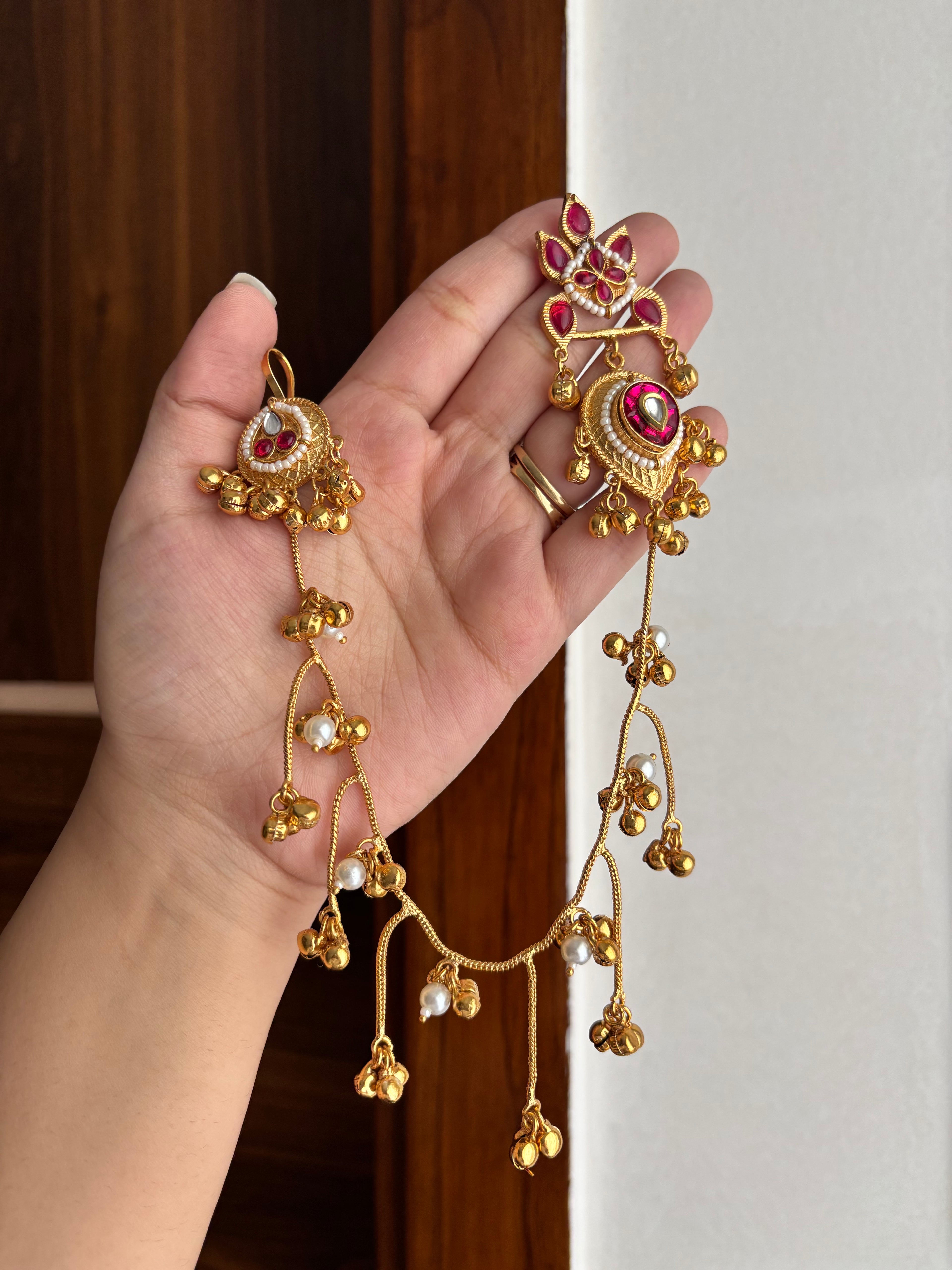 Noor Brass Earrings With Side Layers (Maroon)