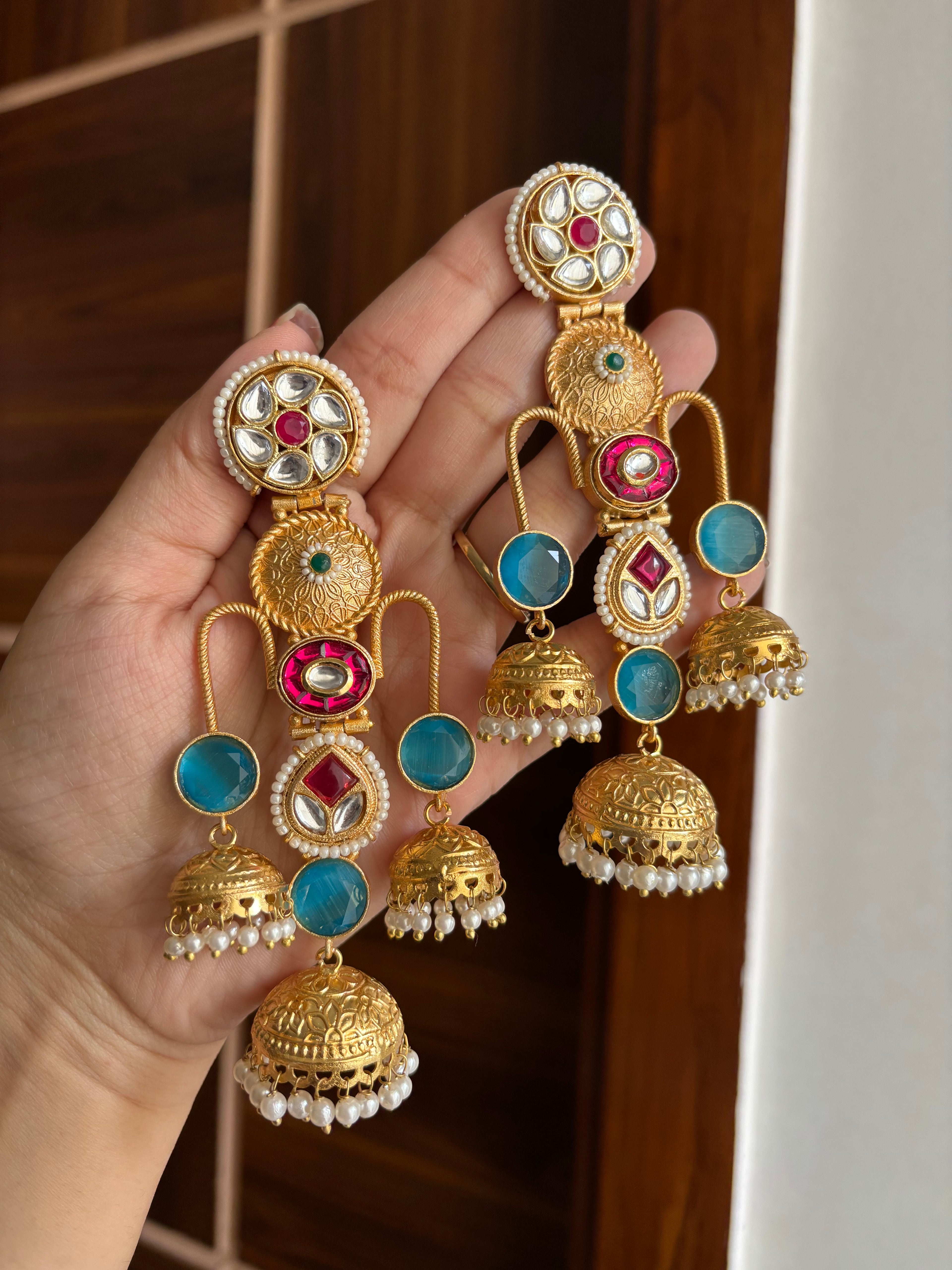 Meghna Statement Brass Earrings (Sky Blue)