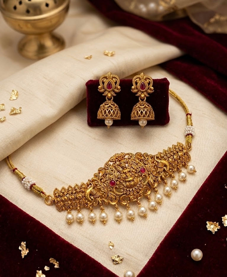 Gold Look Like Choker Necklace With Jhumkas Design-4