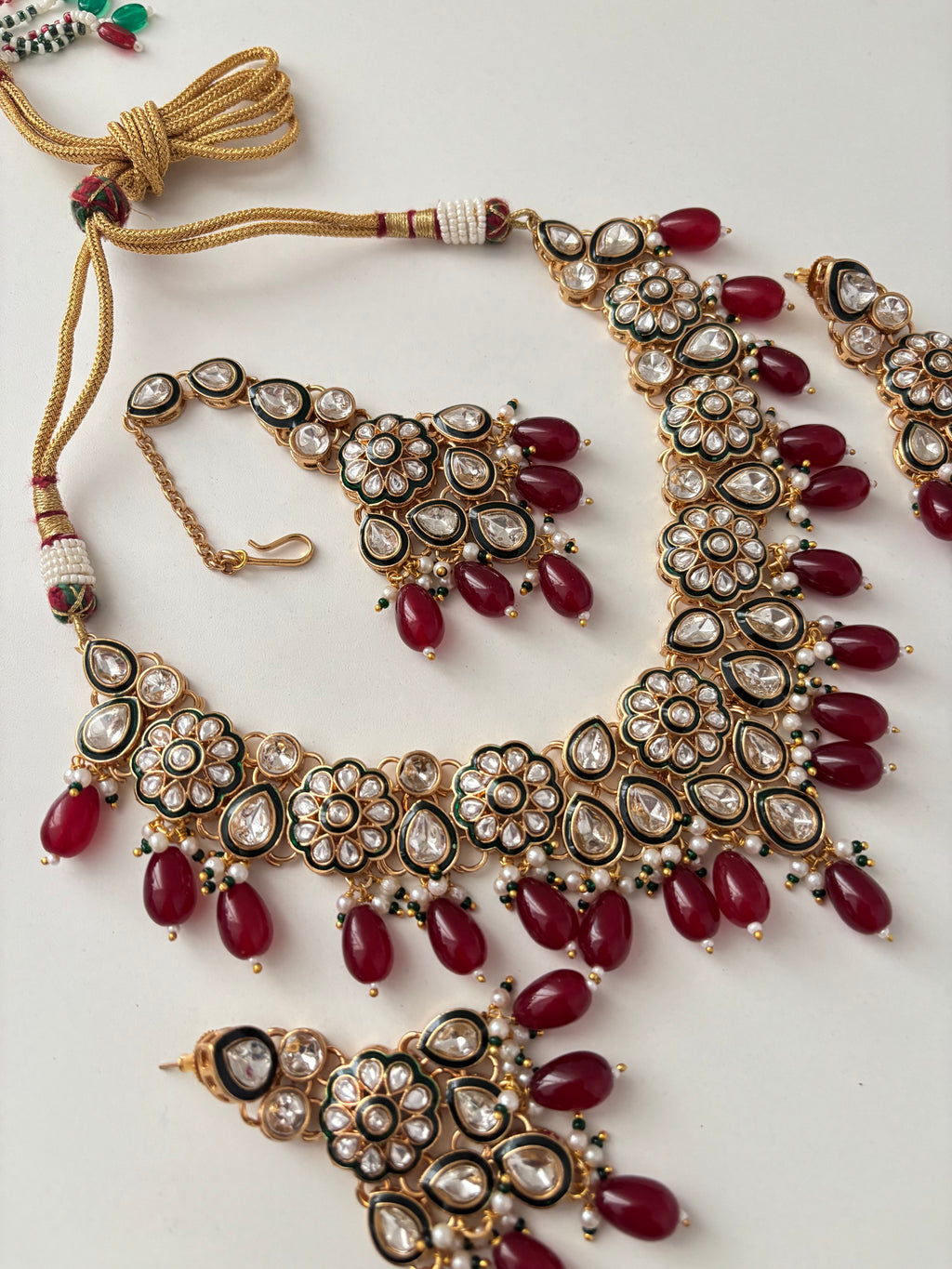 Tanisha Premium Moissanite Necklace With Mang Tikka & Earrings (Maroon)