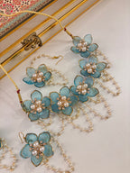 Flower Petal Floral Necklace With Mang Tikka & Earrings (Blue)