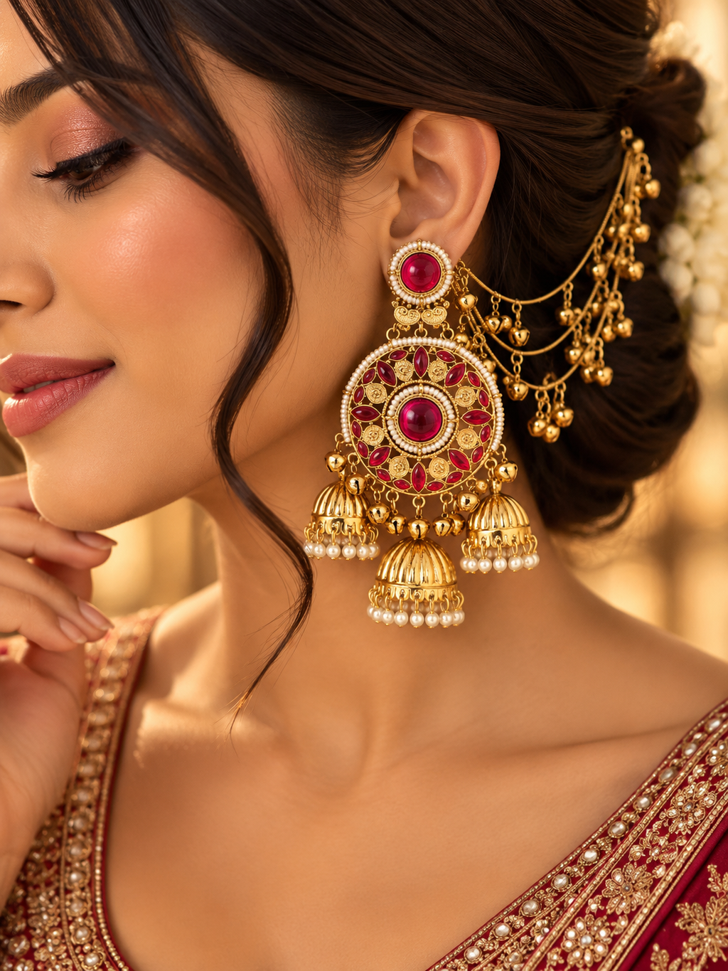 Ritika Round Kashmiri Jhumkas With Detachable Earchain (Ruby)