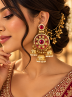 Ritika Round Kashmiri Jhumkas With Detachable Earchain (Ruby)