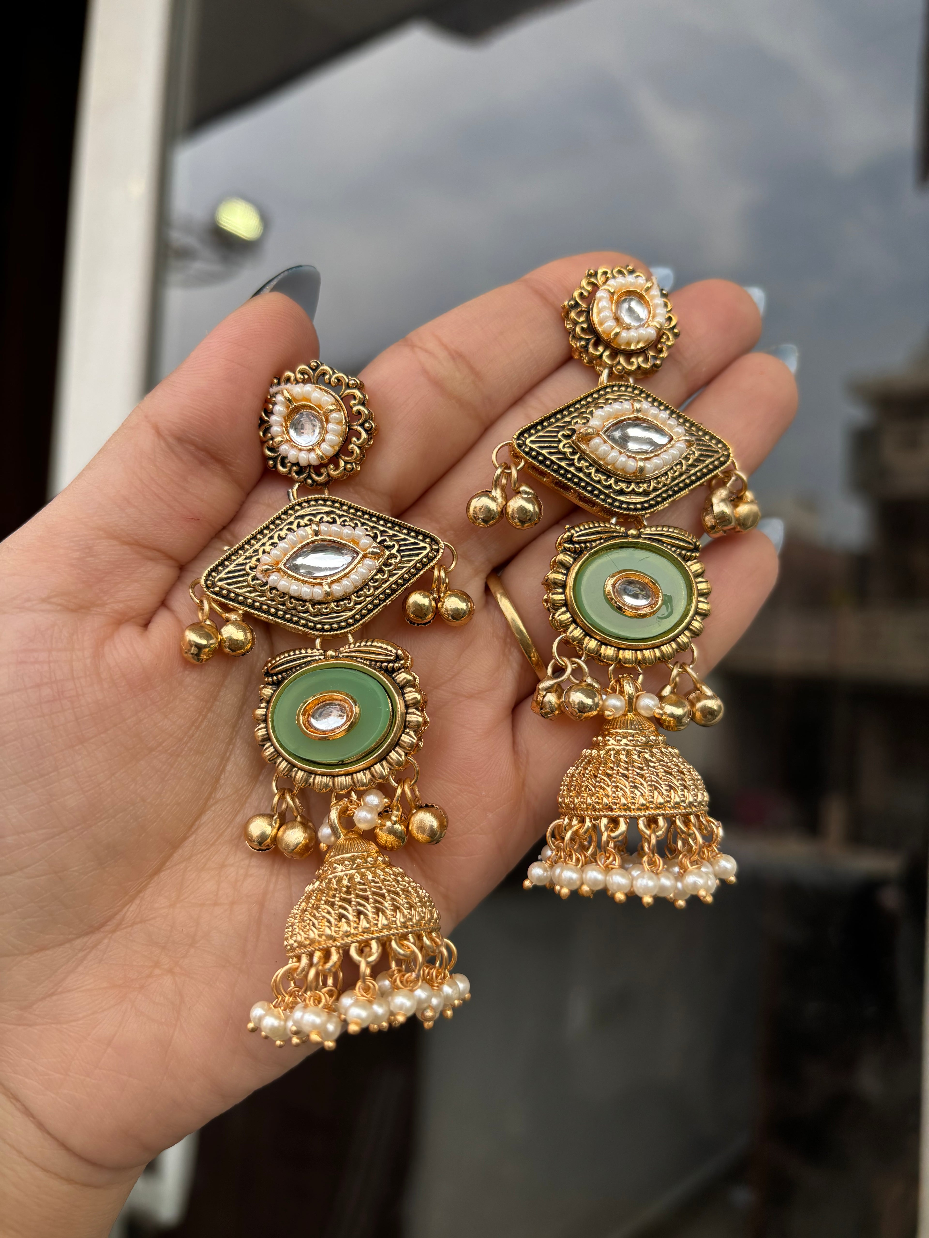 Tri Mint Kashmiri Earrings