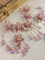 Rose Petal & Mogra Touch Necklace With Mang Tikka & Earrings With Side Layers (Lilac)