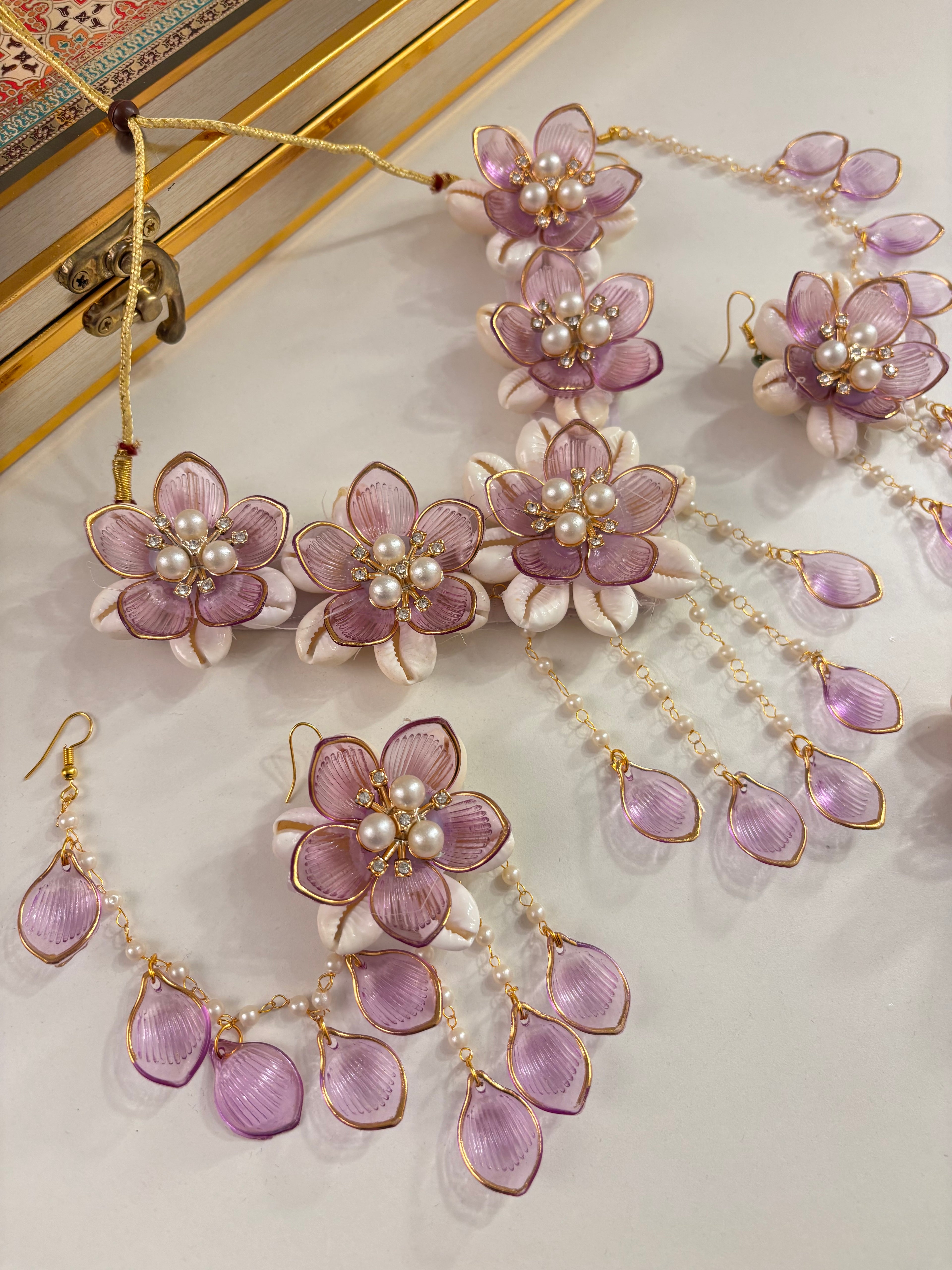 Rose Petal & Mogra Touch Necklace With Mang Tikka & Earrings With Side Layers (Lilac)