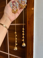 Golden & Silver Combination Long Kashmiri Earrings (Maroon)