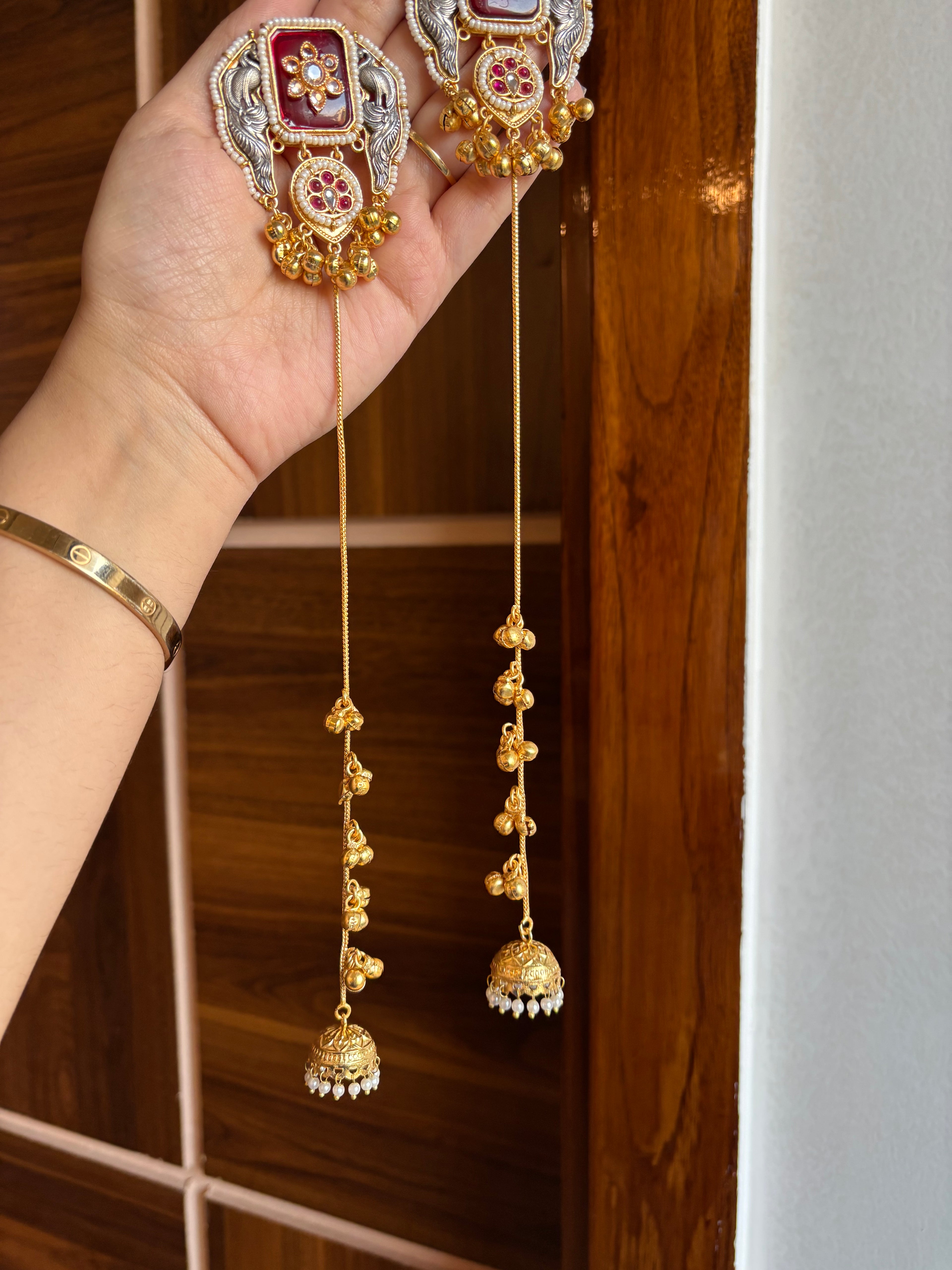 Golden & Silver Combination Long Kashmiri Earrings (Maroon)