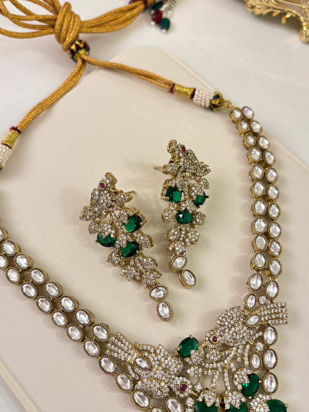 Premium Classy Nature Inspired Emerald Necklace With Earrings ( Moissanite & Doublet Stones Work)