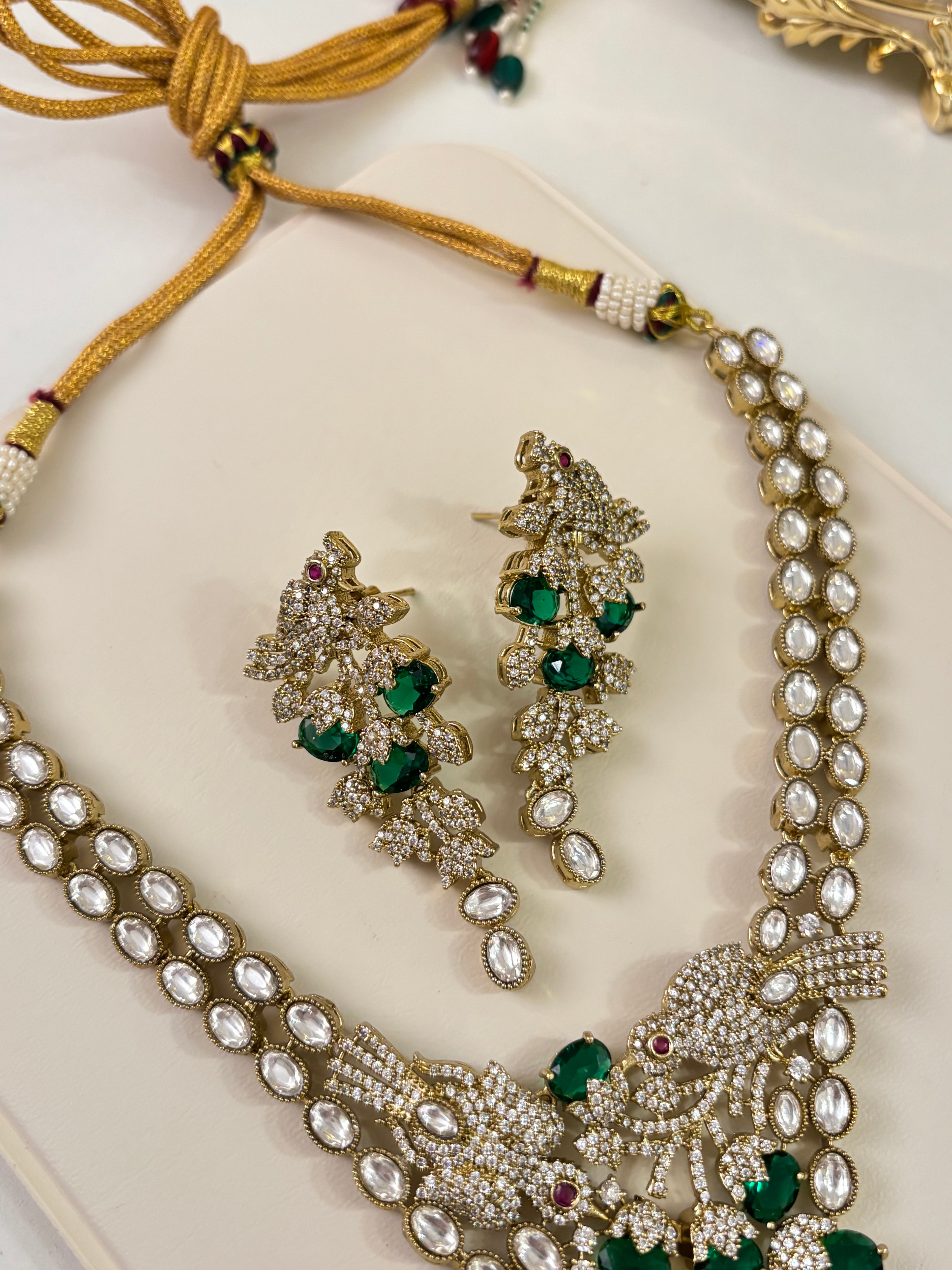 Premium Classy Nature Inspired Emerald Necklace With Earrings ( Moissanite & Doublet Stones Work)