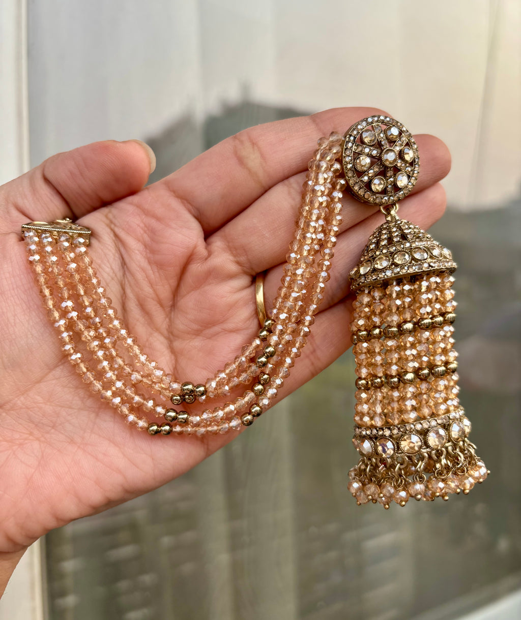 High Quality Designer Crystal Beads Work Champagne Colour Long Jhumkas With Side Layers