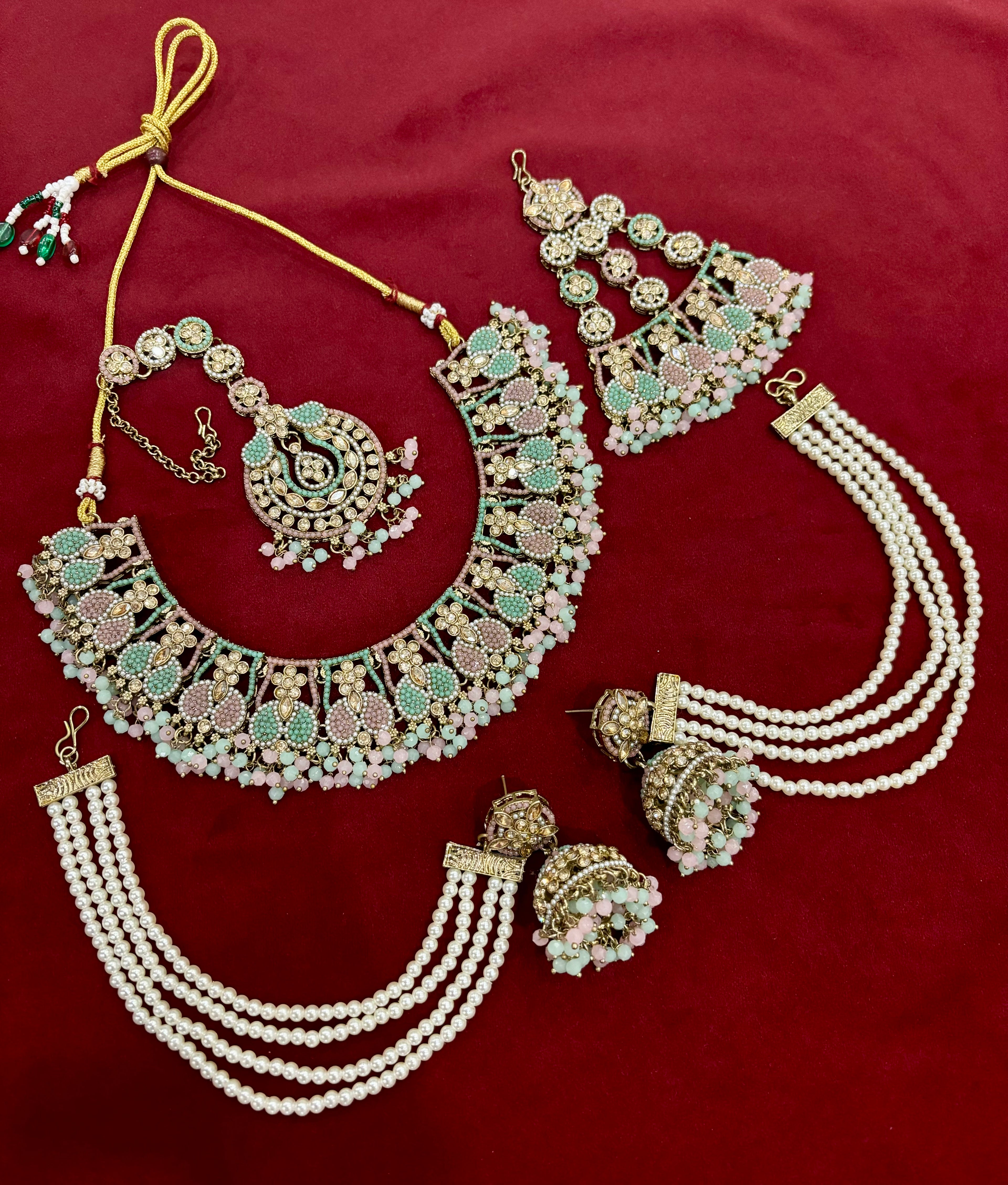 Royal Mughal Pink & Mint Mix Necklace With Mang Tikka Earrings & Side Layers Passa