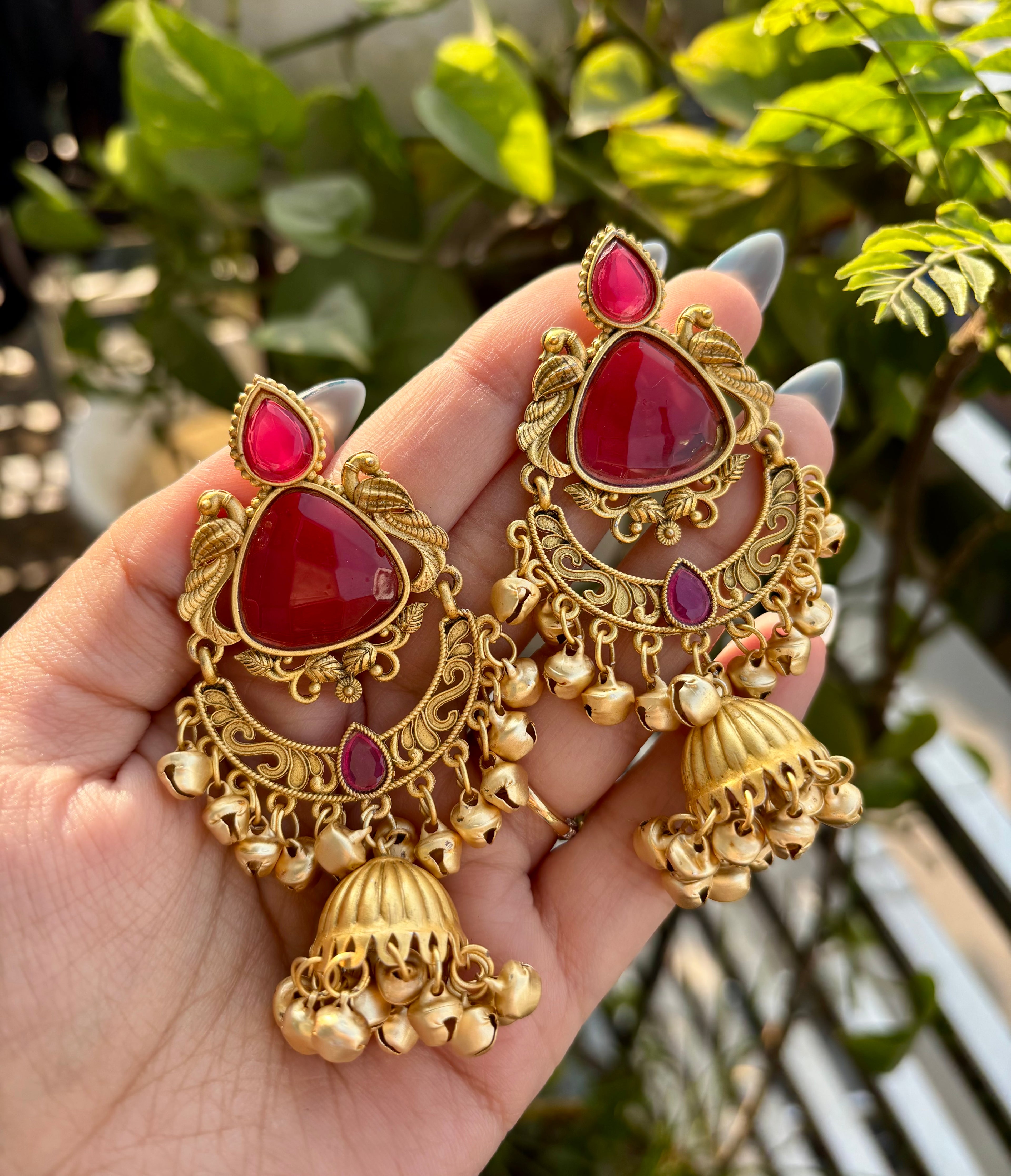 Red Chandbali Kashmiri Ghungroo Earrings