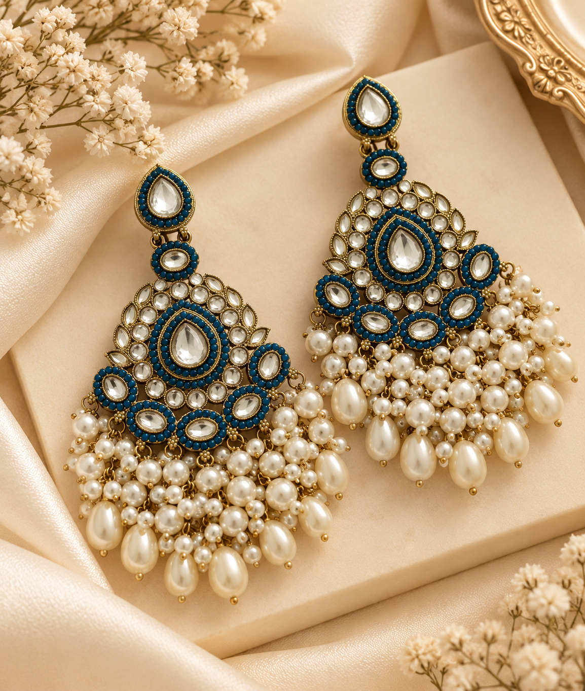 Kundan & Pearl Touch Long Earrings (Ink Blue)