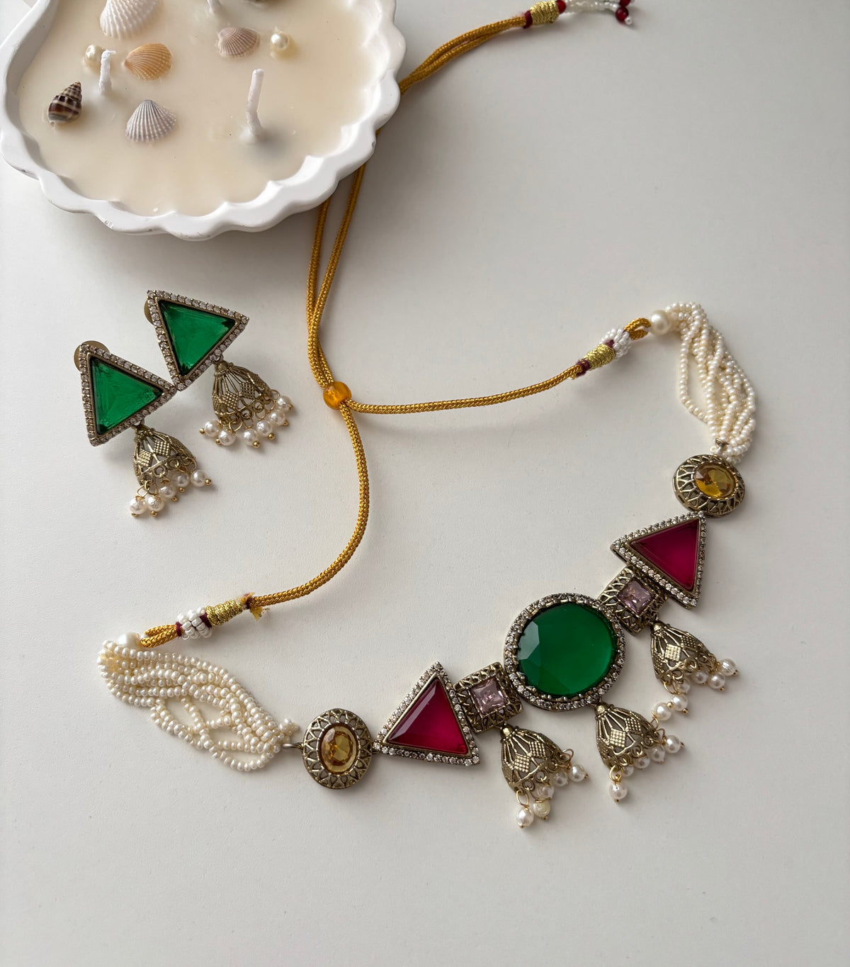 Jazz Doublet Stone Work Choker With Earrings (Red/Green)