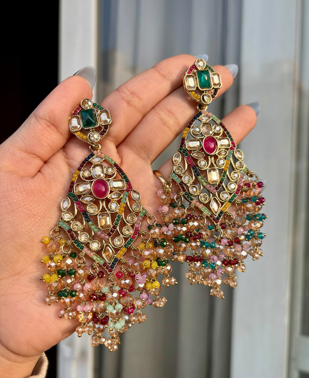 High Quality Designer Crystal Beads Work Long Earrings