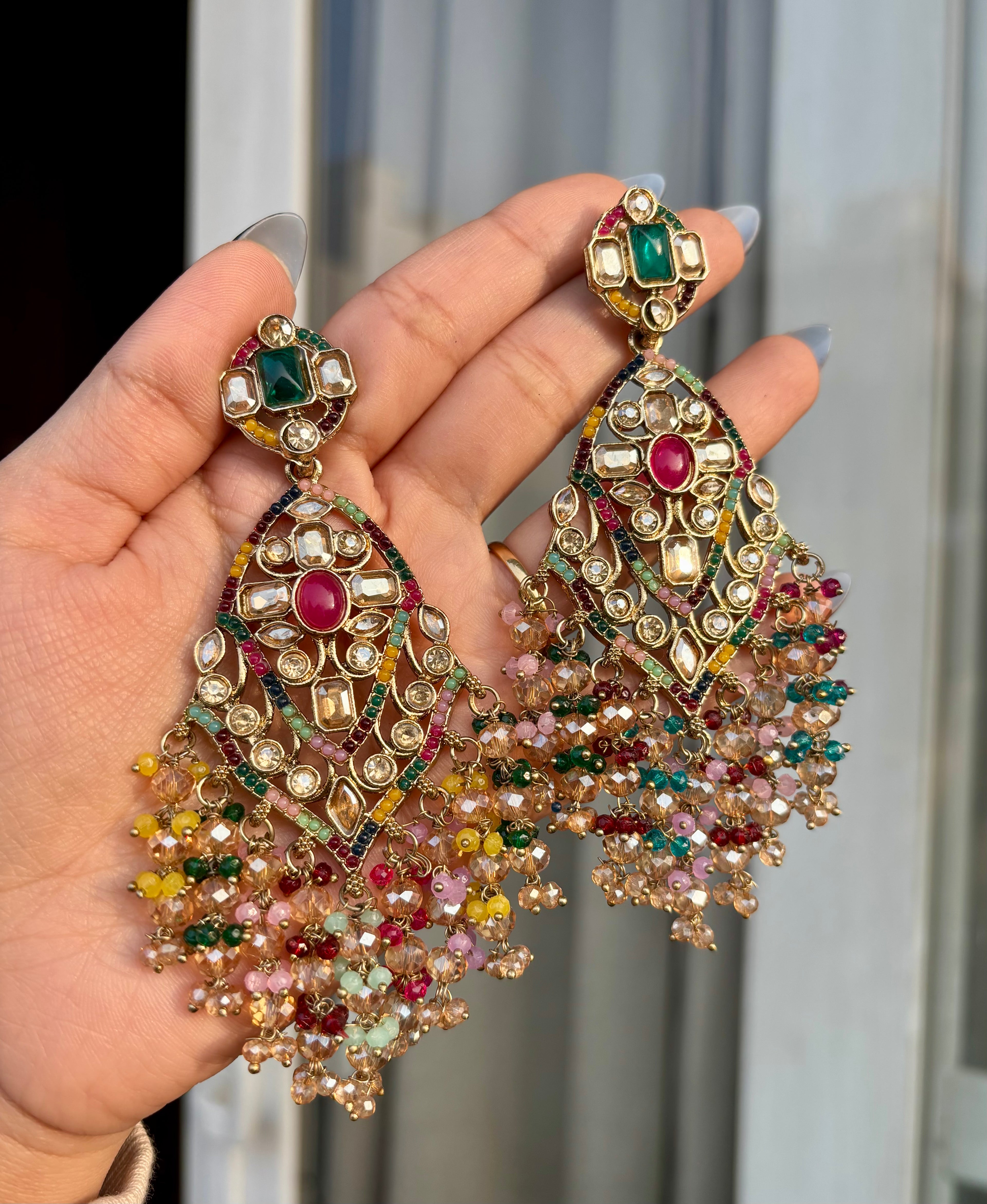 High Quality Designer Crystal Beads Work Long Earrings