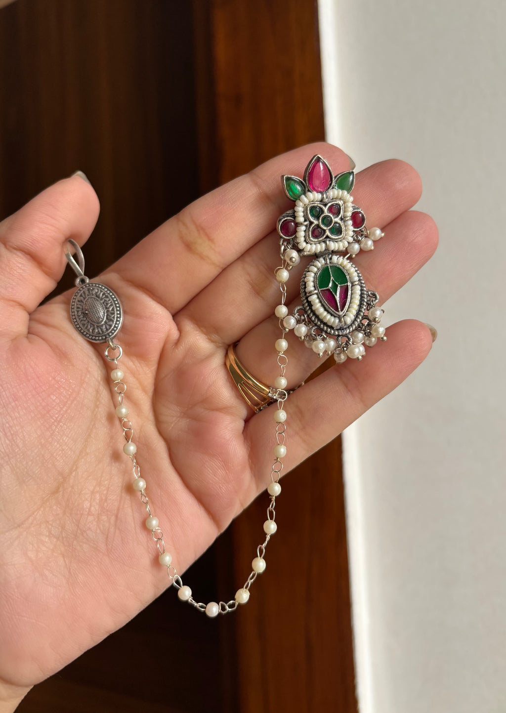 German Silver Earrings With Side Layer (Ruby/Emerald)
