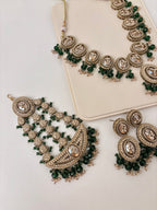 Sanchi Necklace With Mang Tikka Earrings & Side Passa (Green)