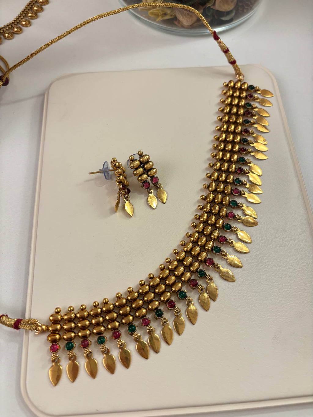 Antique Gold Look Like Necklace With Earrings (Ruby & Green)