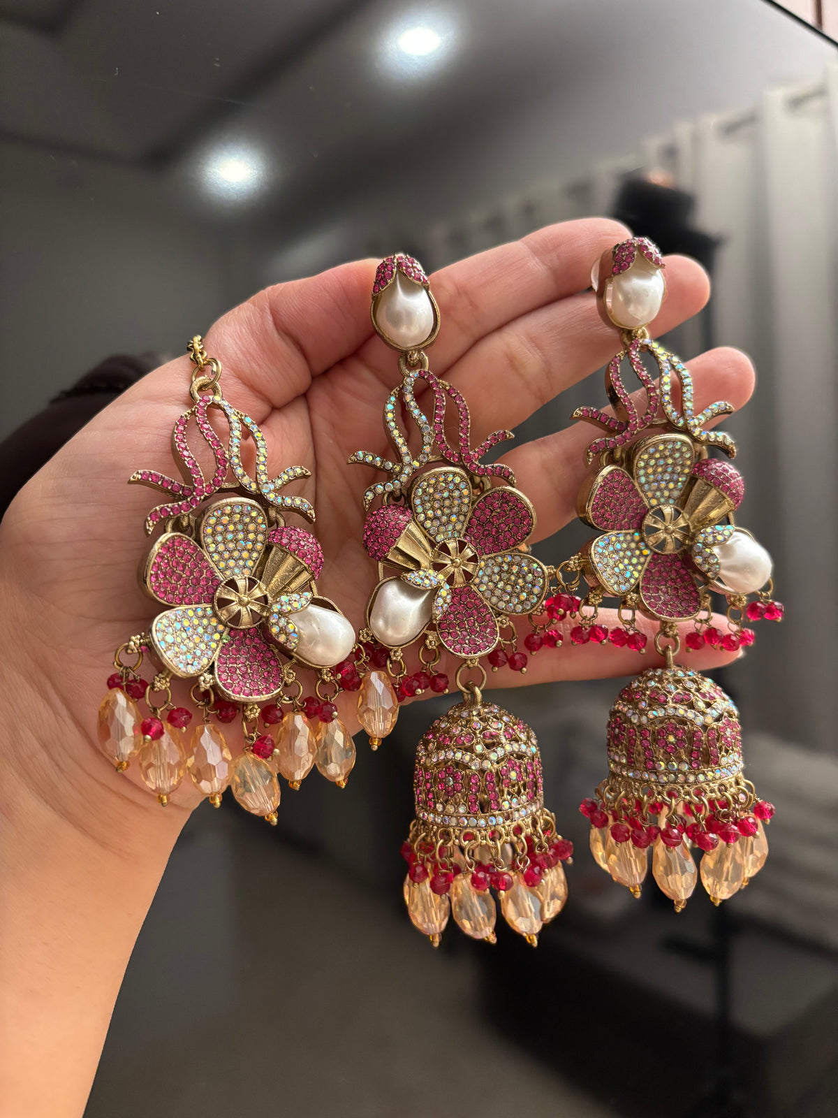 Premium Designer Turkish Long Earrings With Mang Tikka (Dark Pink)