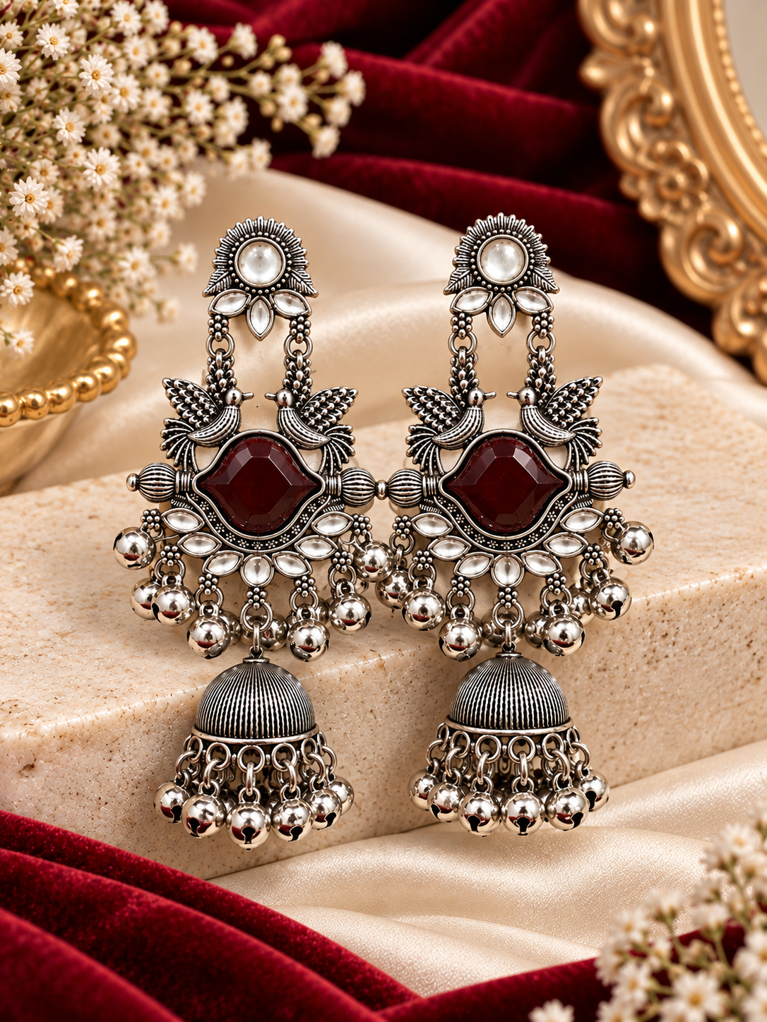 Saloni Silver Jhumkas (Maroon)