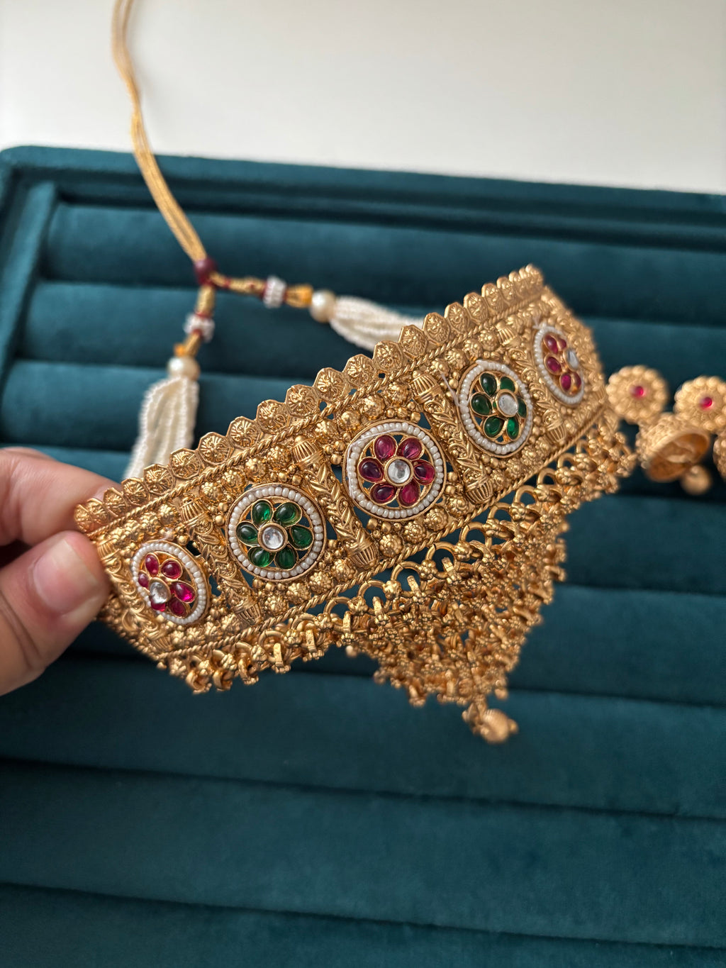 Premium Gold Look Like Heavy Look Choker Set With Jhumkas Design-2