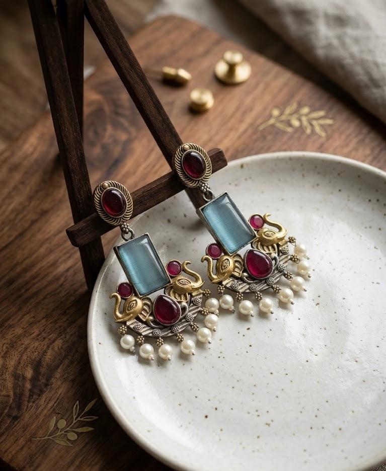 Maroon & Turquoise Touch German Silver Earrings