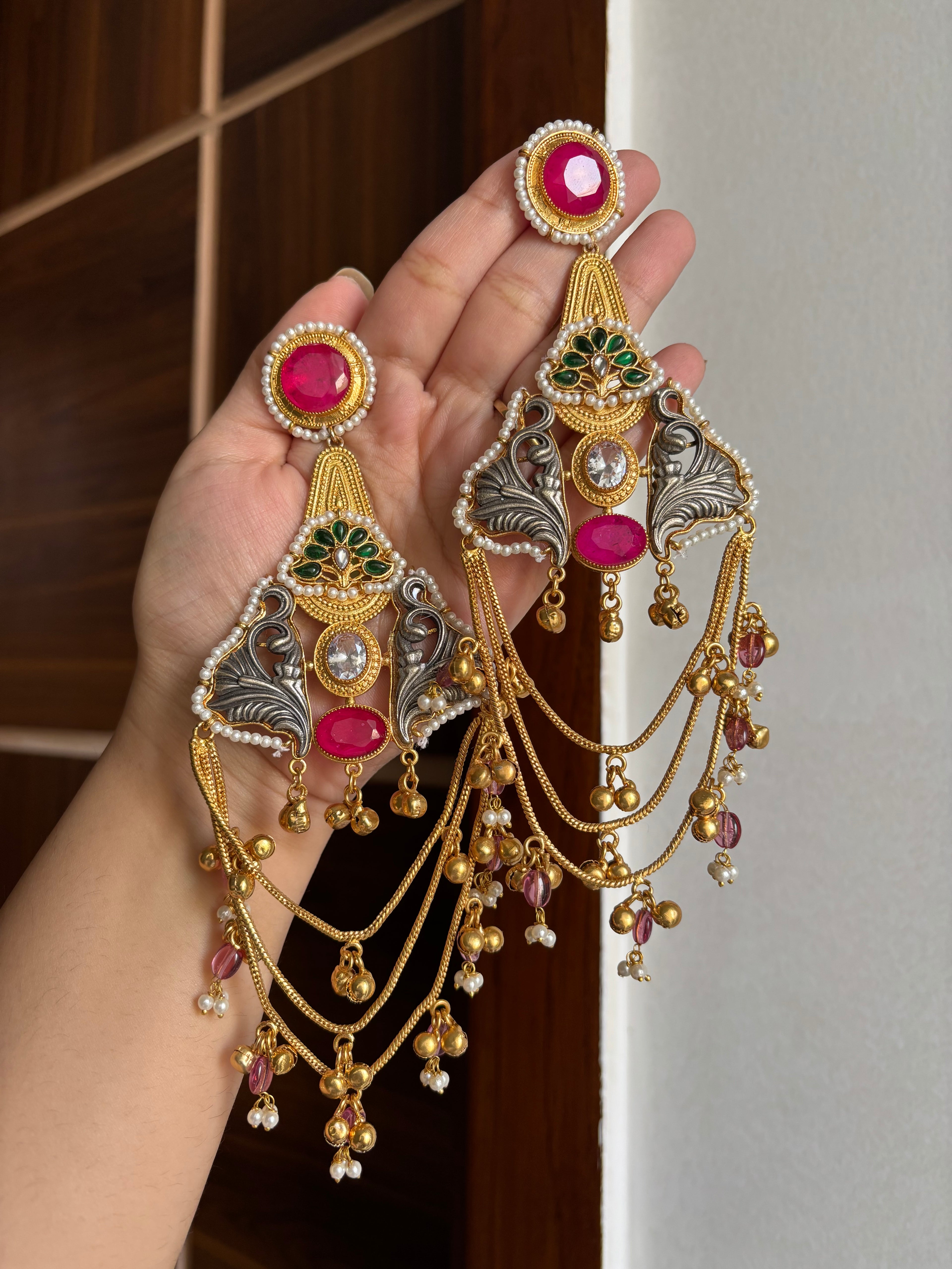 Barkha Heavy Look Long Earrings (Dark Pink)