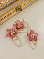 Flower Petal Floral Necklace With Mang Tikka & Earrings (Pastel Pink)