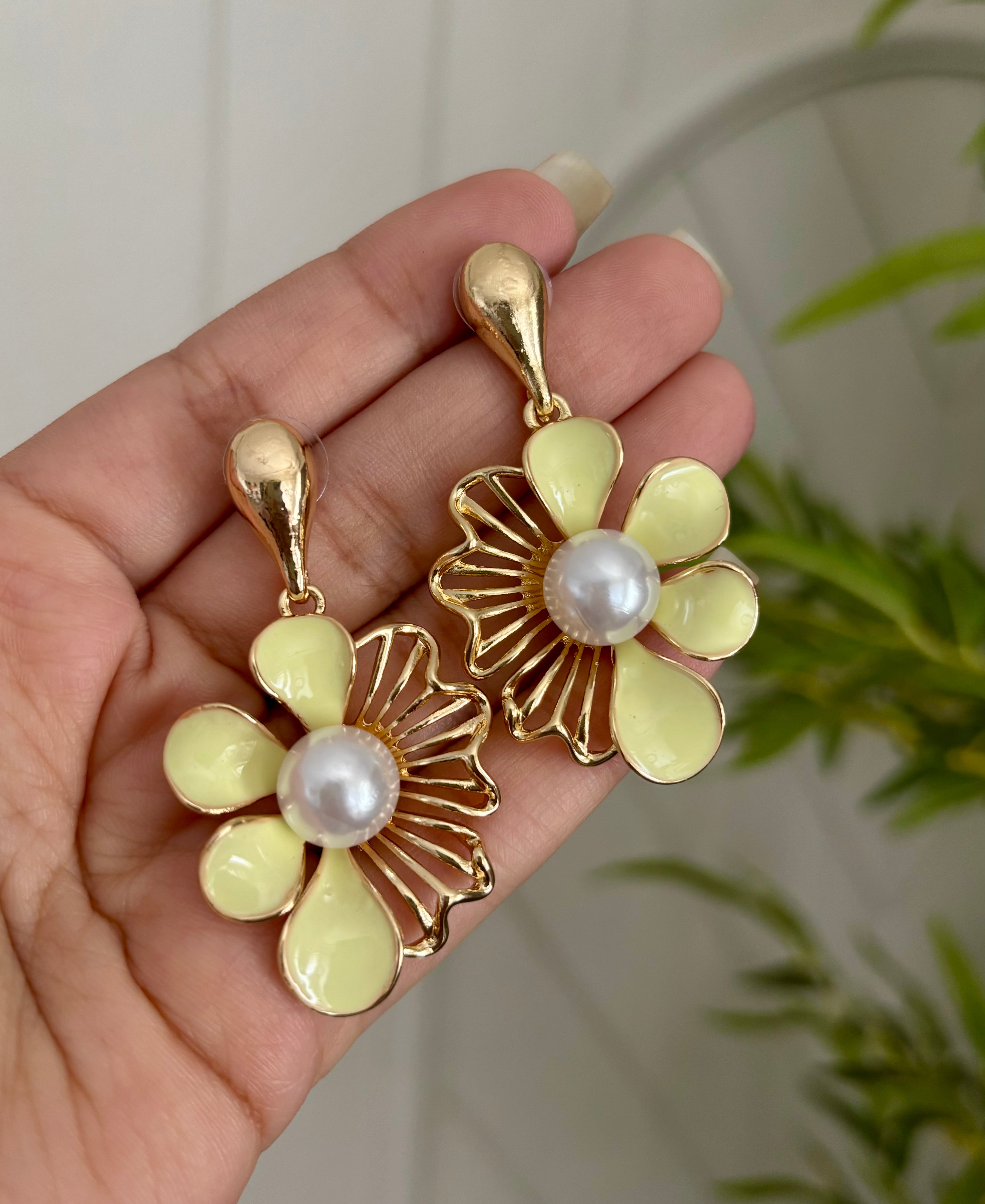 Neon Flower Pearl Drop Earrings