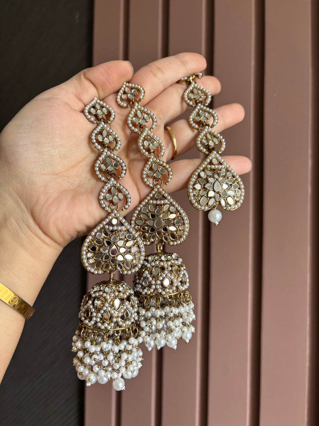 High Quality Designer Full Mirror & Pearl Touch Mang Tikka & Jhumkas With Sahara