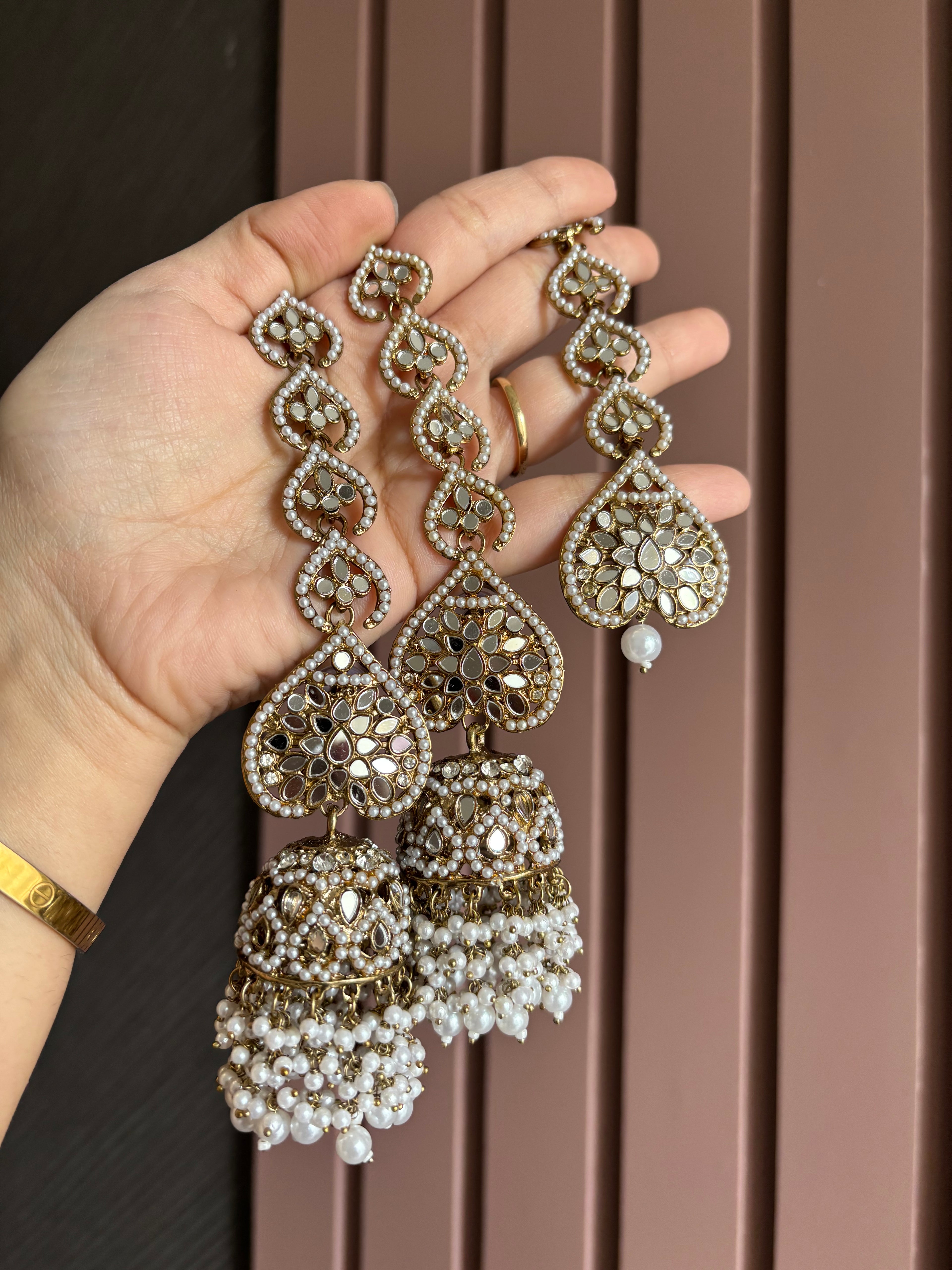 High Quality Designer Full Mirror & Pearl Touch Mang Tikka & Jhumkas With Sahara