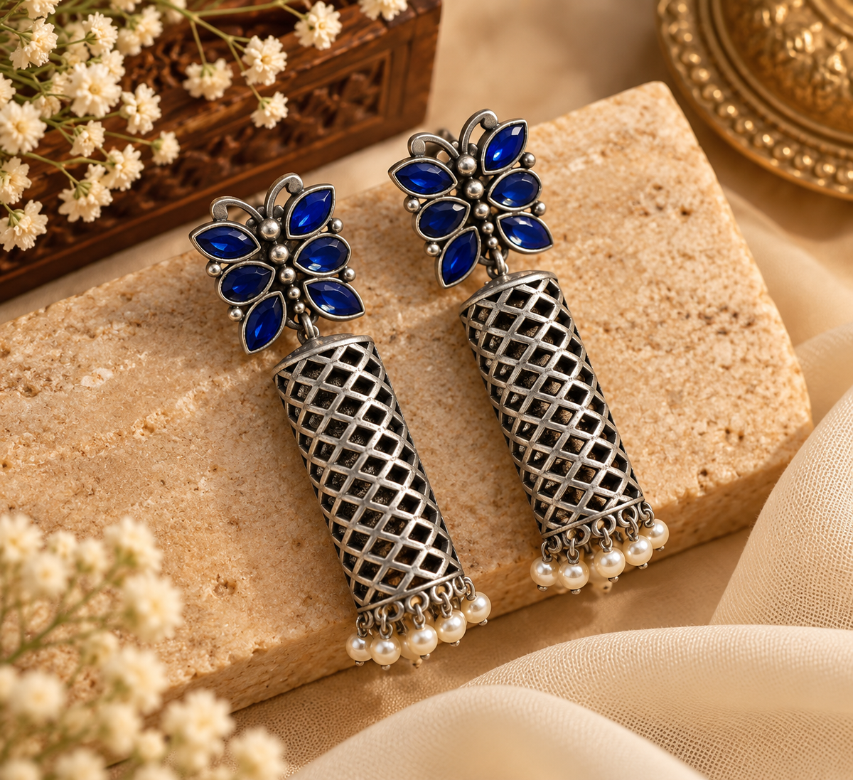 German Silver Butterfly Earrings (Blue)