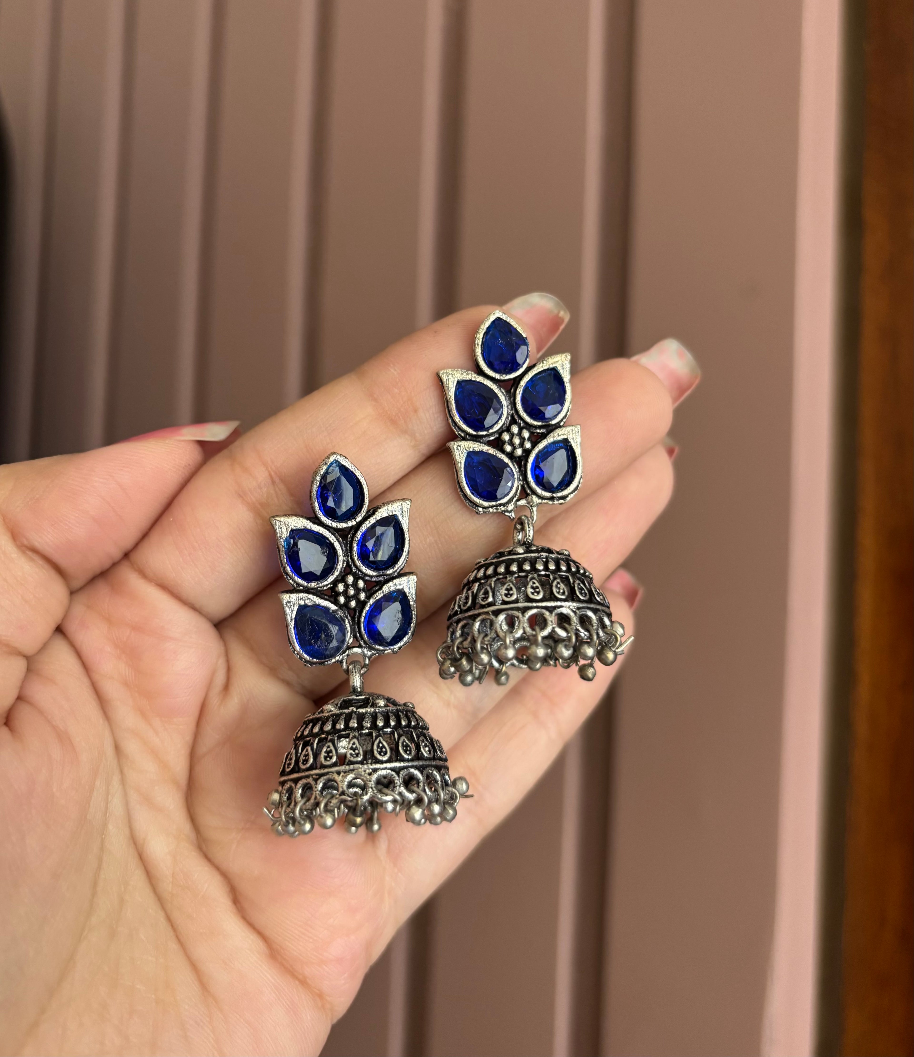 Blue German Silver Jhumkas