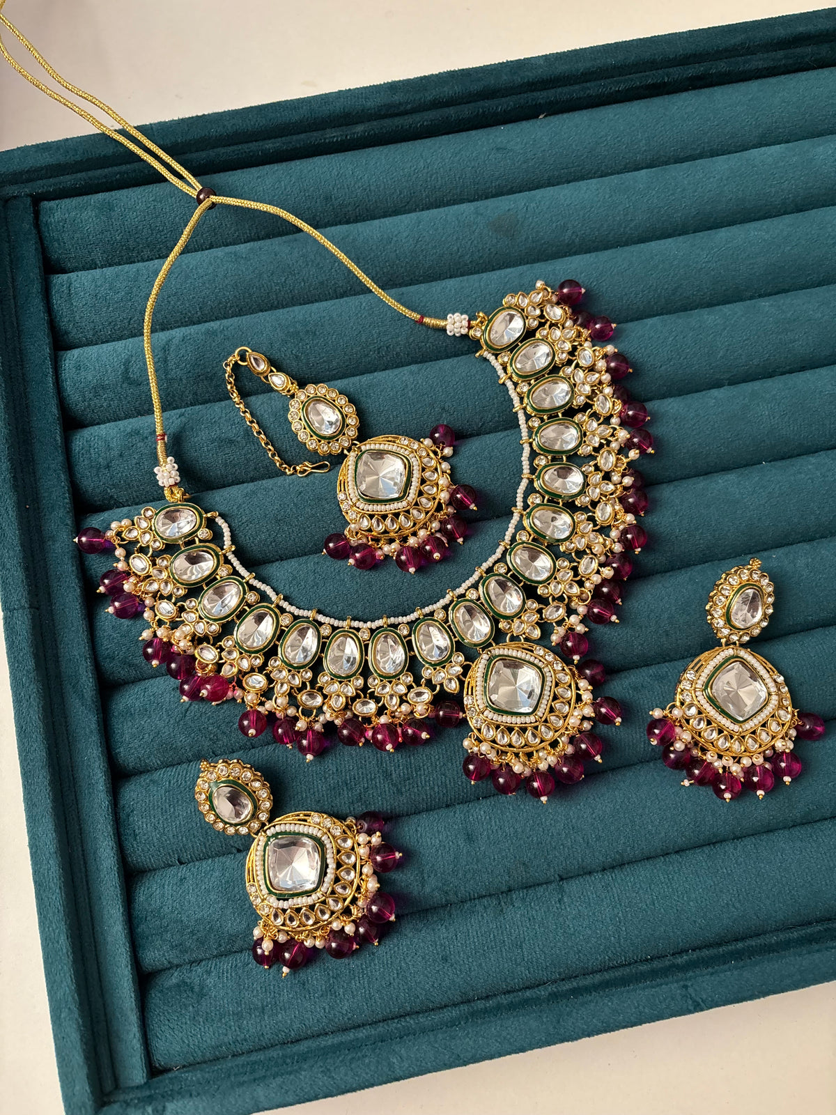 Wine Kundan Dupe Necklace With Mang Tikka & Earrings