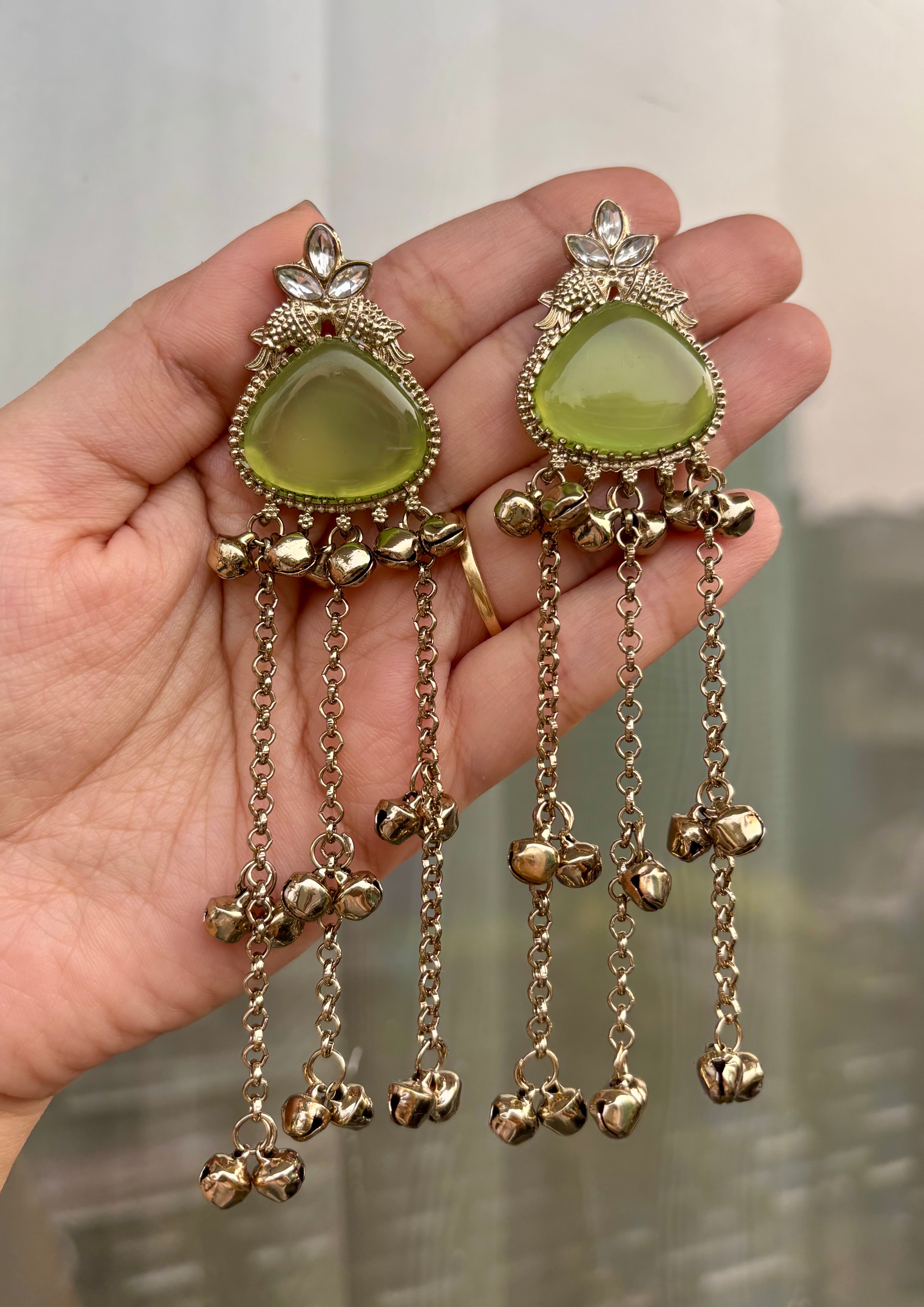 Tri Mint Green Ghungroo Layers Kashmiri Earrings