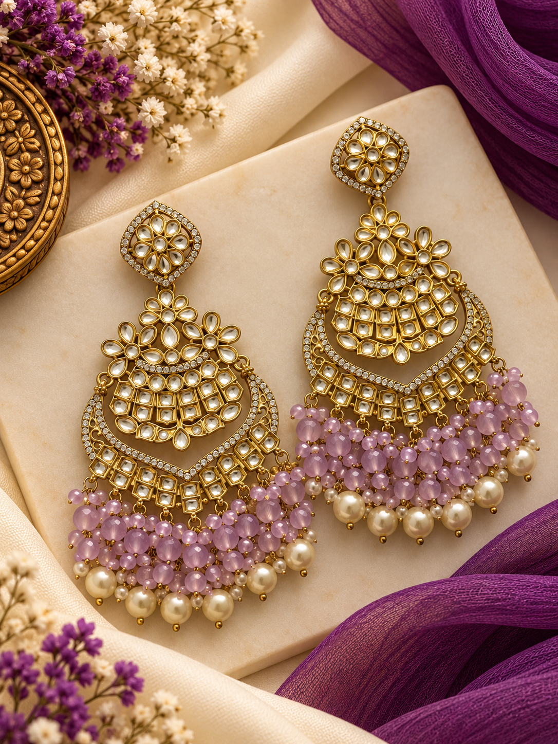 Premium Designer Kundan & A.D Work Long Earrings (Lilac)