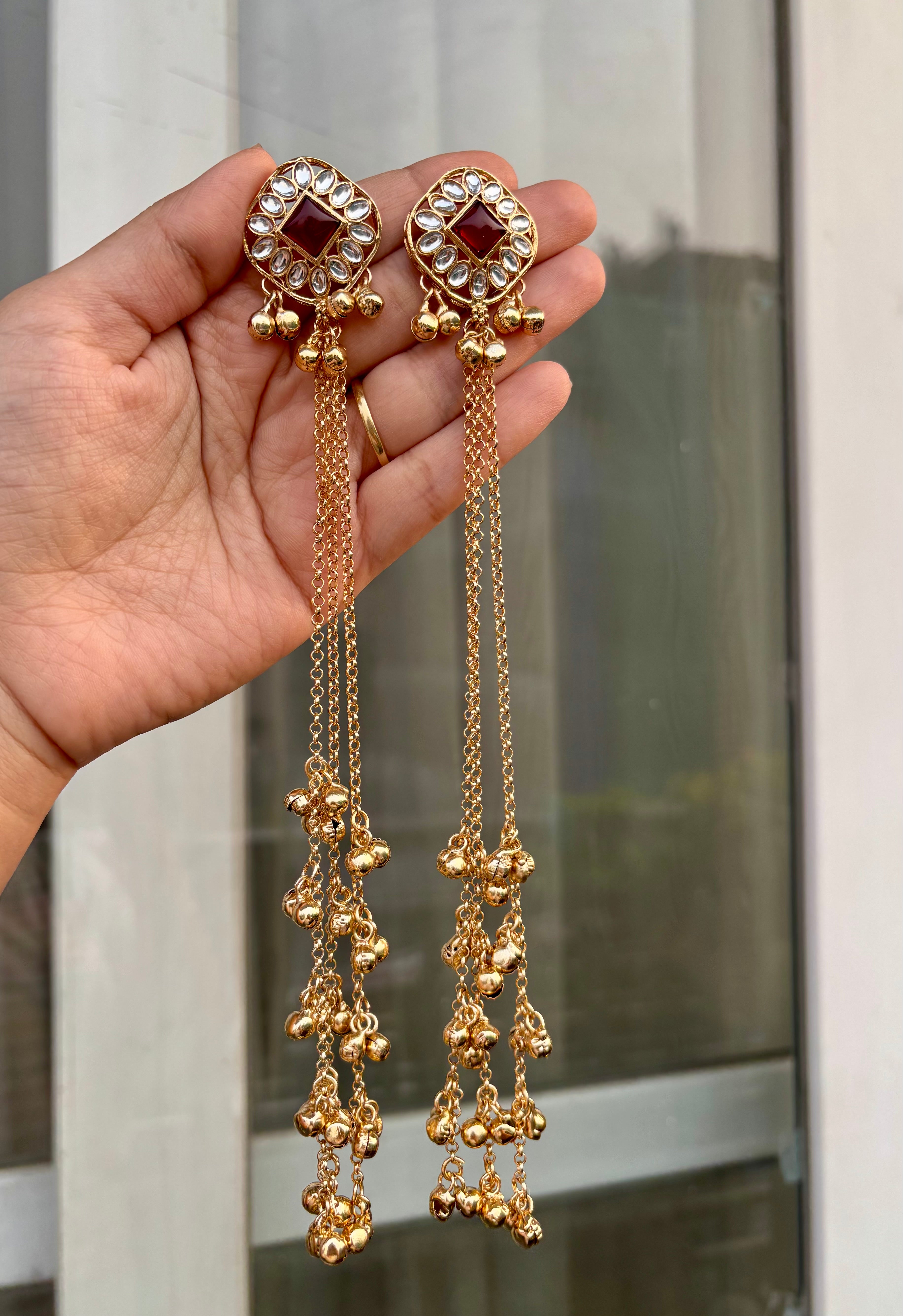 Dark Maroon Stud Kashmiri Long Layer Ghungroo Earrings