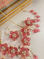 Rose Petal & Mogra Touch Necklace With Mang Tikka & Earrings With Side Layers (Light Wine)