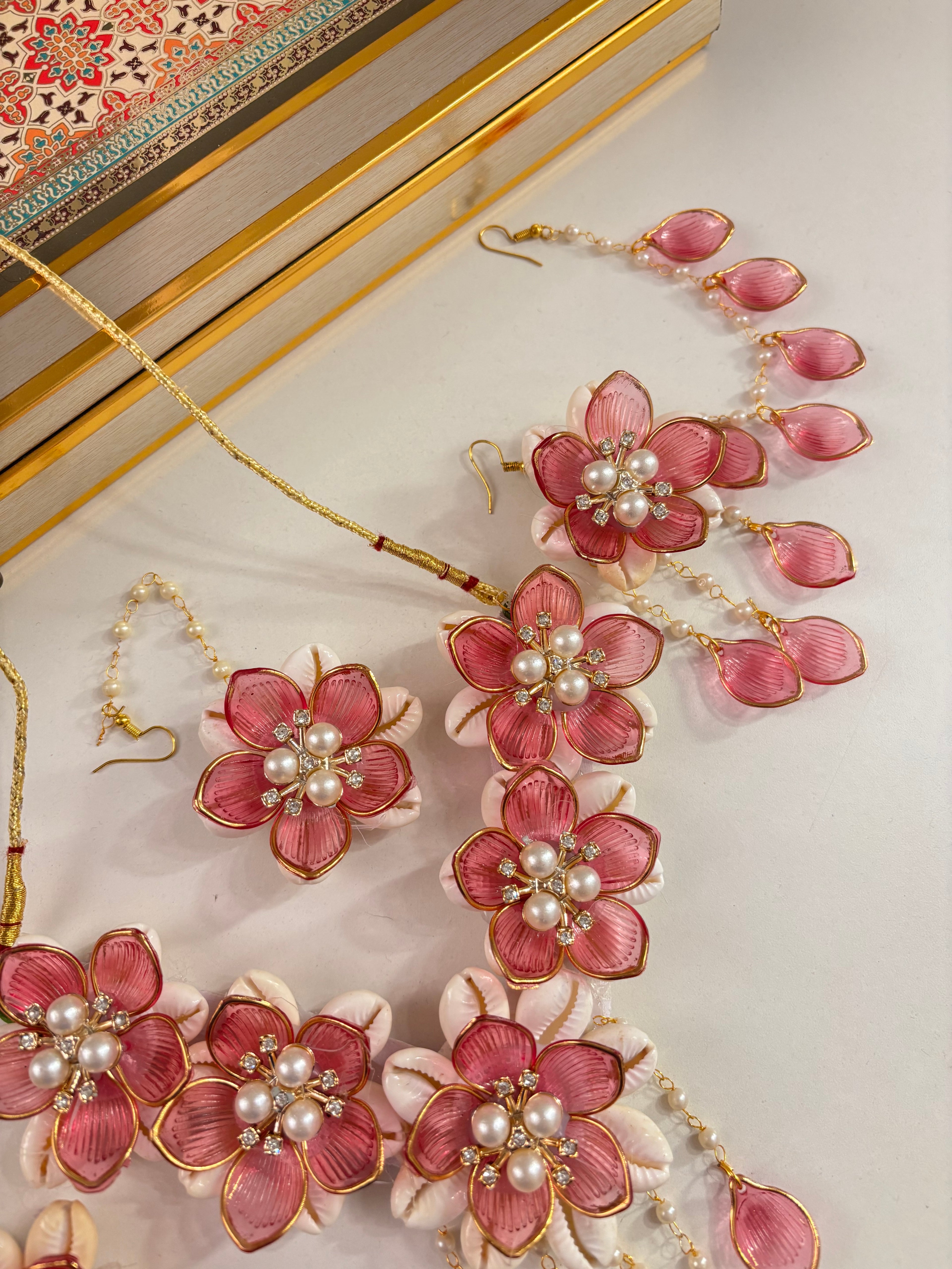 Rose Petal & Mogra Touch Necklace With Mang Tikka & Earrings With Side Layers (Light Wine)