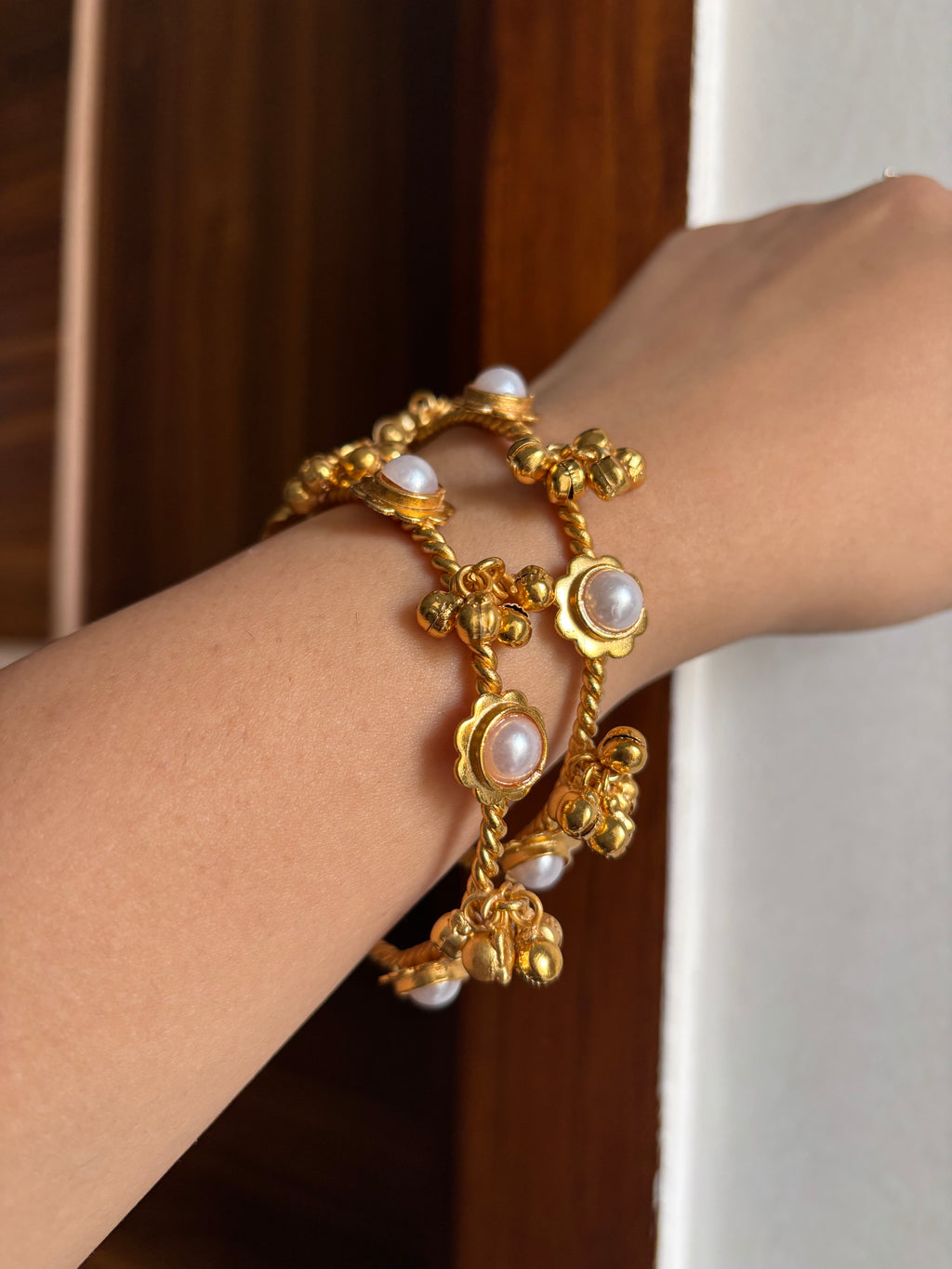 Pearl Flower Brass Adjustable Bangles (Pair)