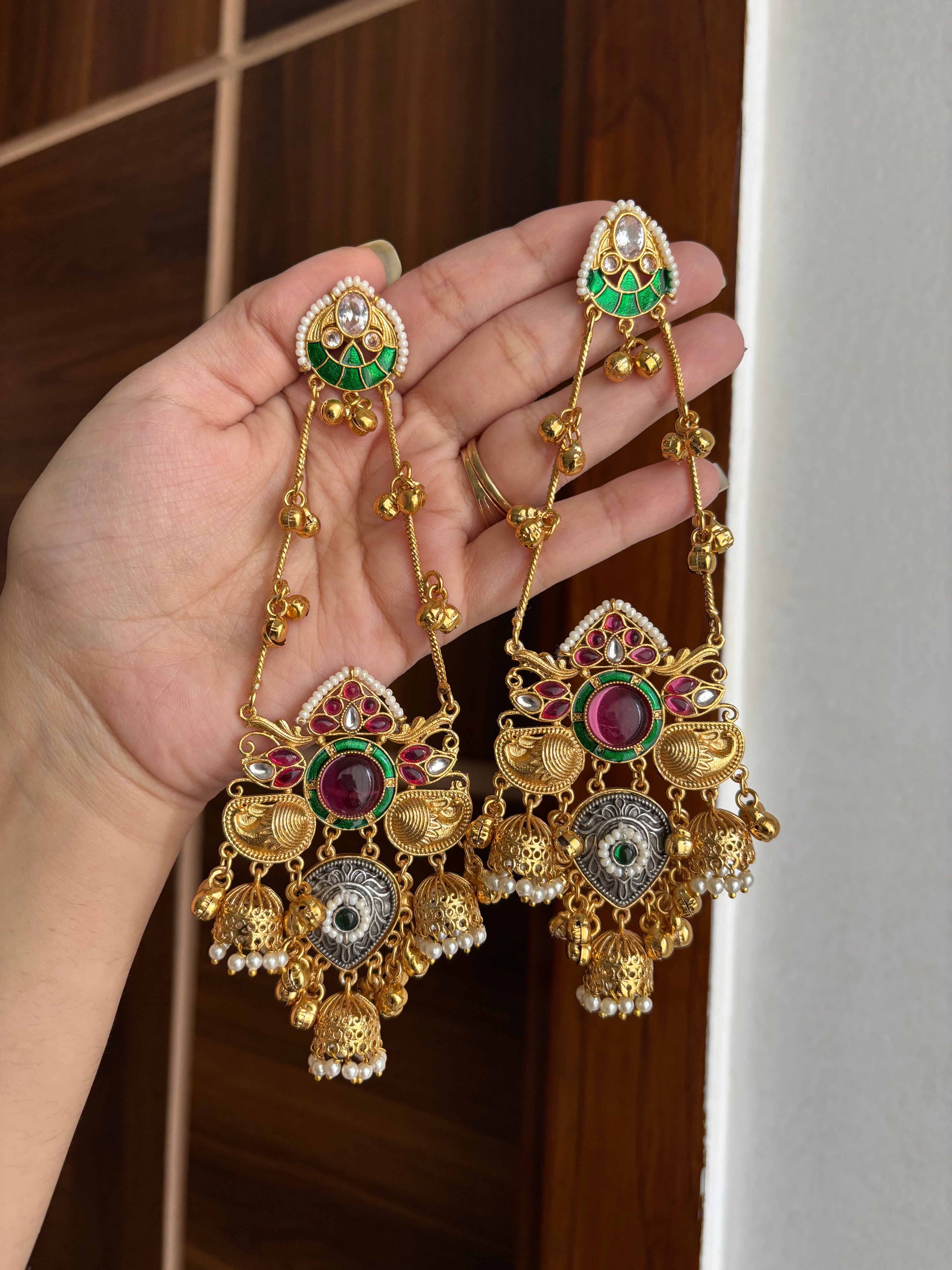 Twinkle Long Kashmiri Earrings (Ruby)