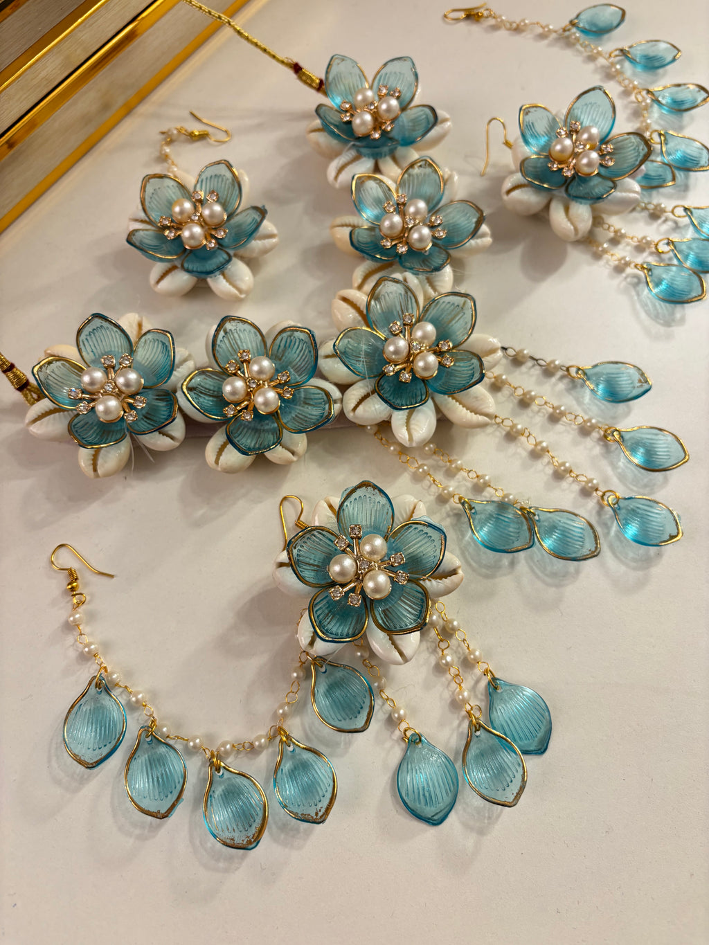 Rose Petal & Mogra Touch Necklace With Mang Tikka & Earrings With Side Layers (Blue)