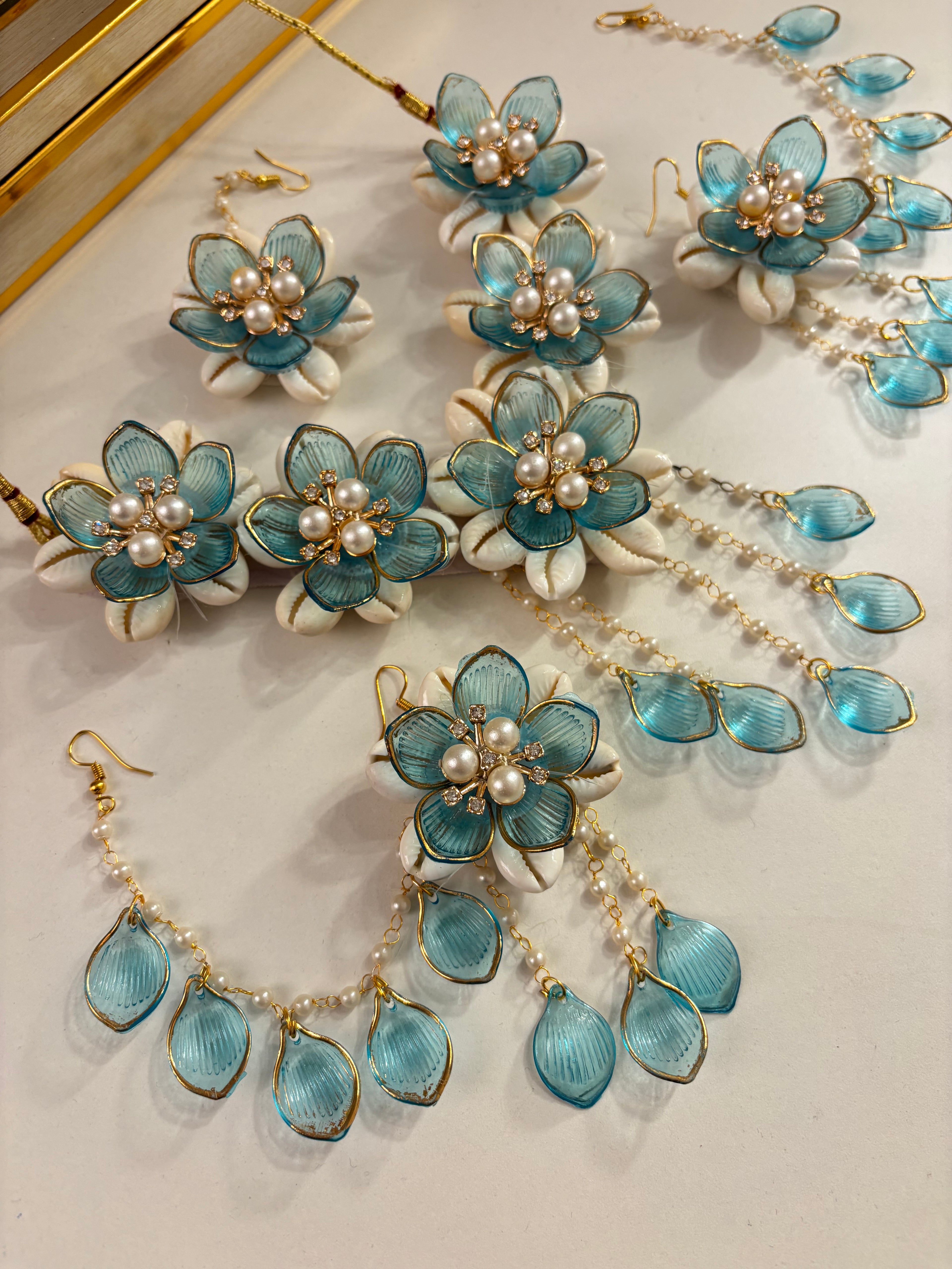 Rose Petal & Mogra Touch Necklace With Mang Tikka & Earrings With Side Layers (Blue)