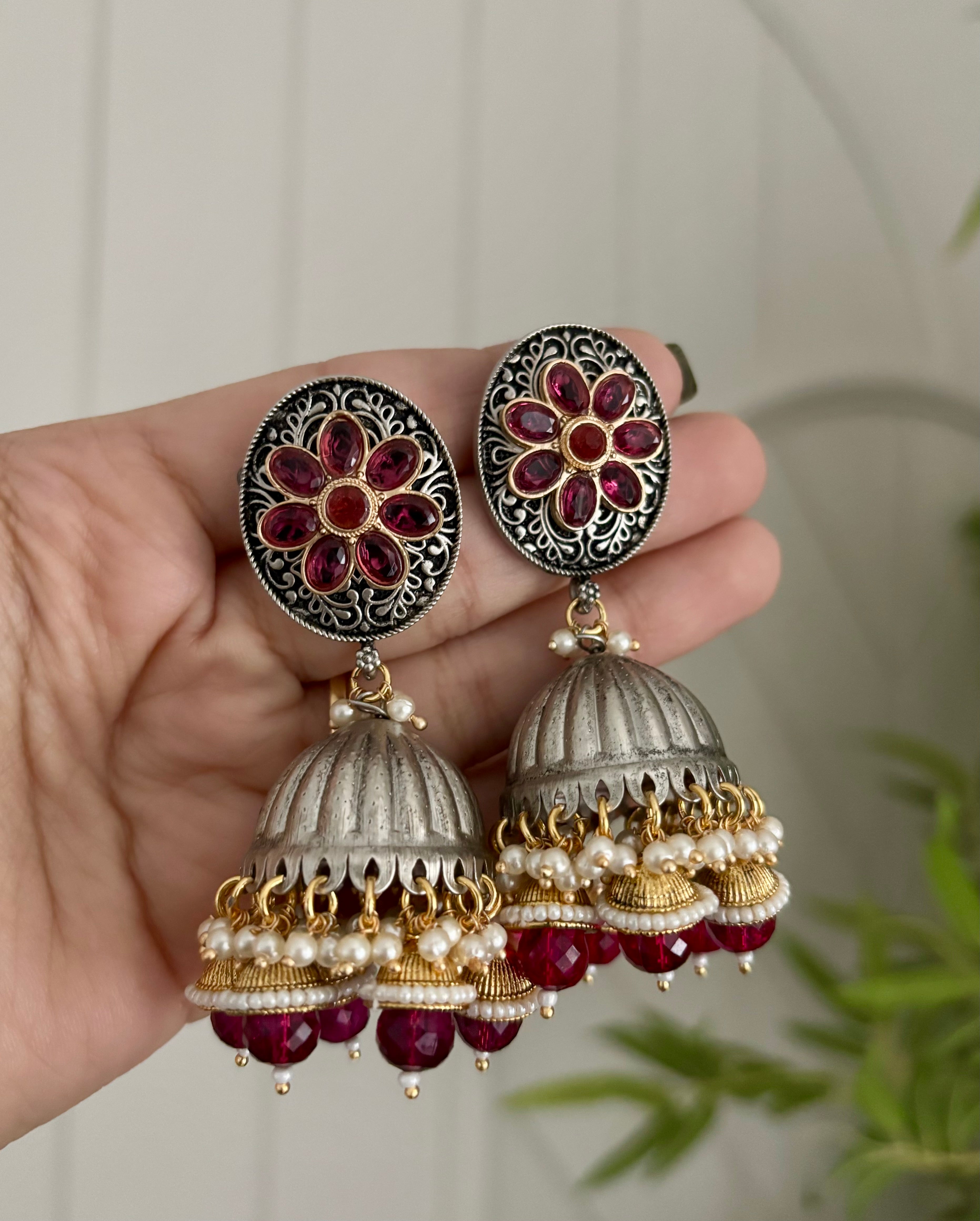 Silver & Golden Touch Jhumkas In Wine Shade
