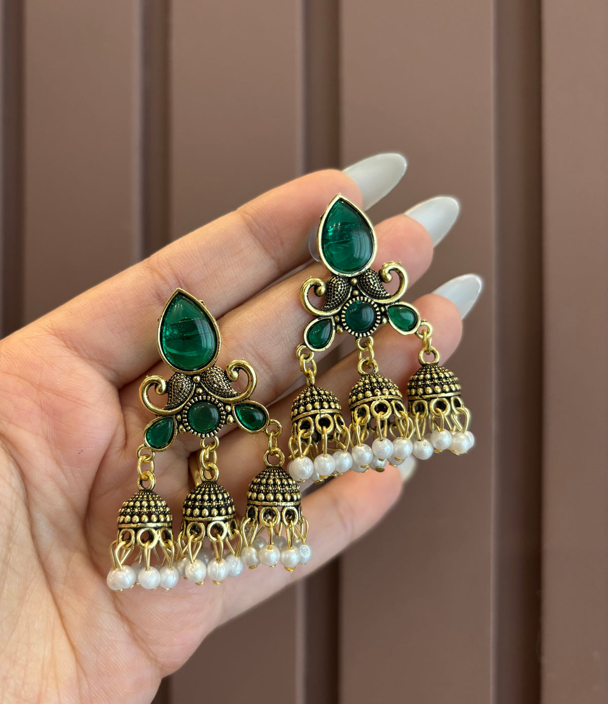 Dipti 3 Jhumki Touch Earrings (Green)